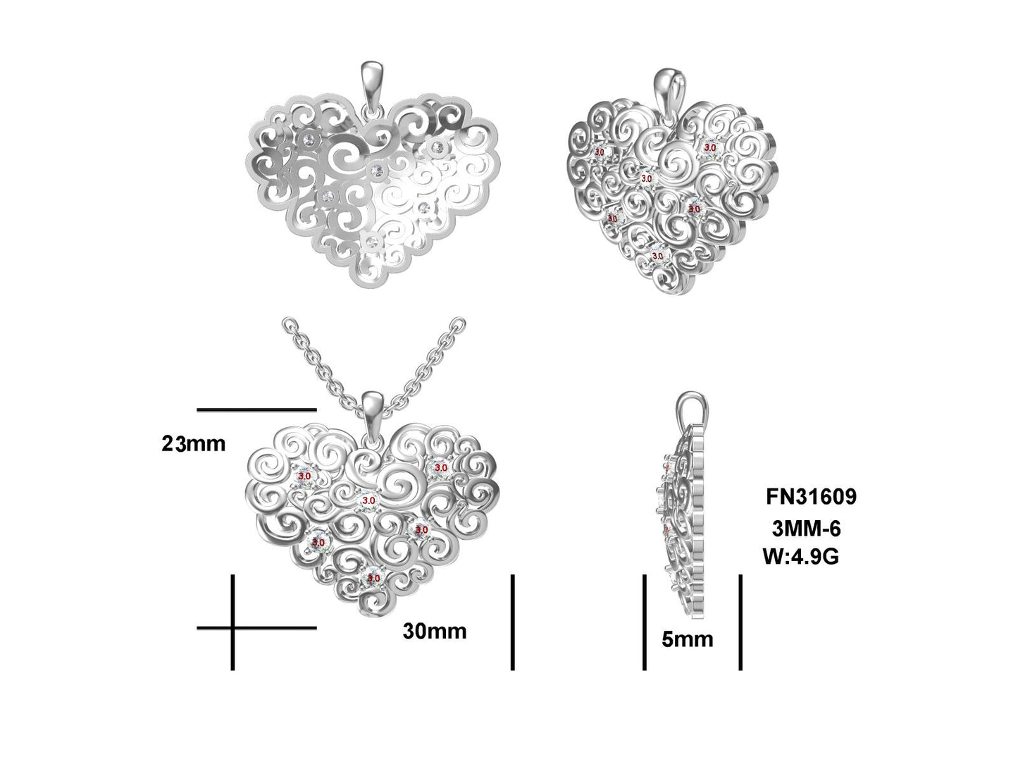 M A Mother’s Treasure Heart SS Pendant; Slightly Antiqued Swirls w/Created Sapphires & SS Chain.