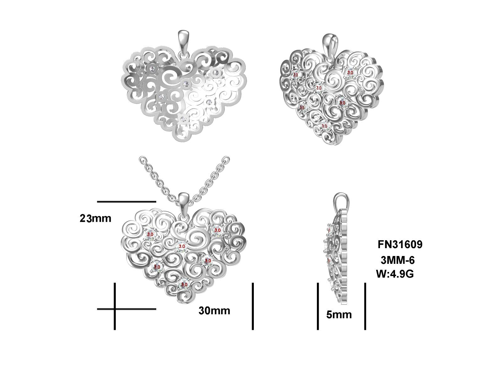 M A Mother’s Treasure Heart SS Pendant; Slightly Antiqued Swirls w/Created Sapphires & SS Chain.