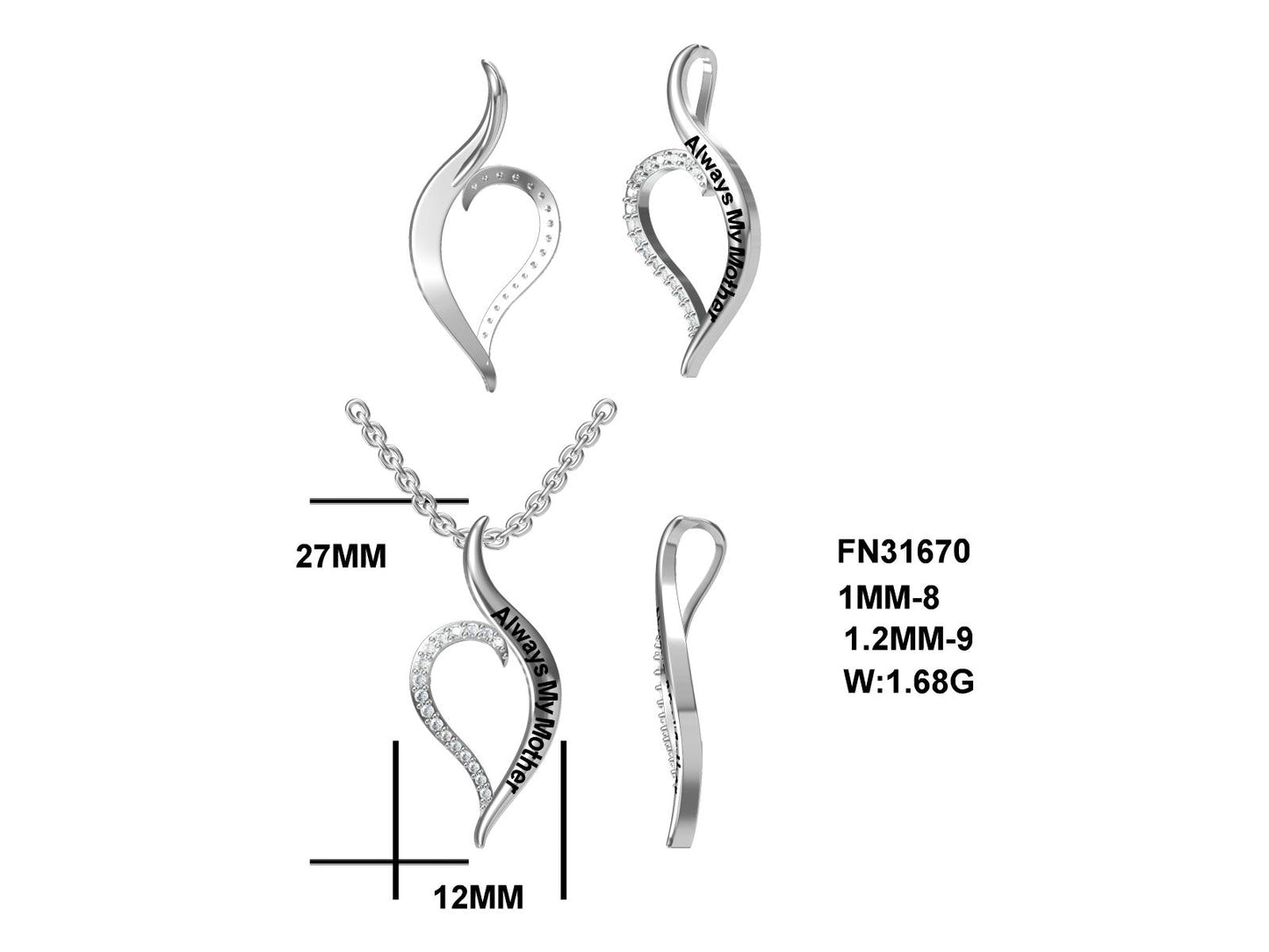 M Always My Mother Heart Pendant; Platinum Plated SS w/Created Sapphire Highlights & Chain.