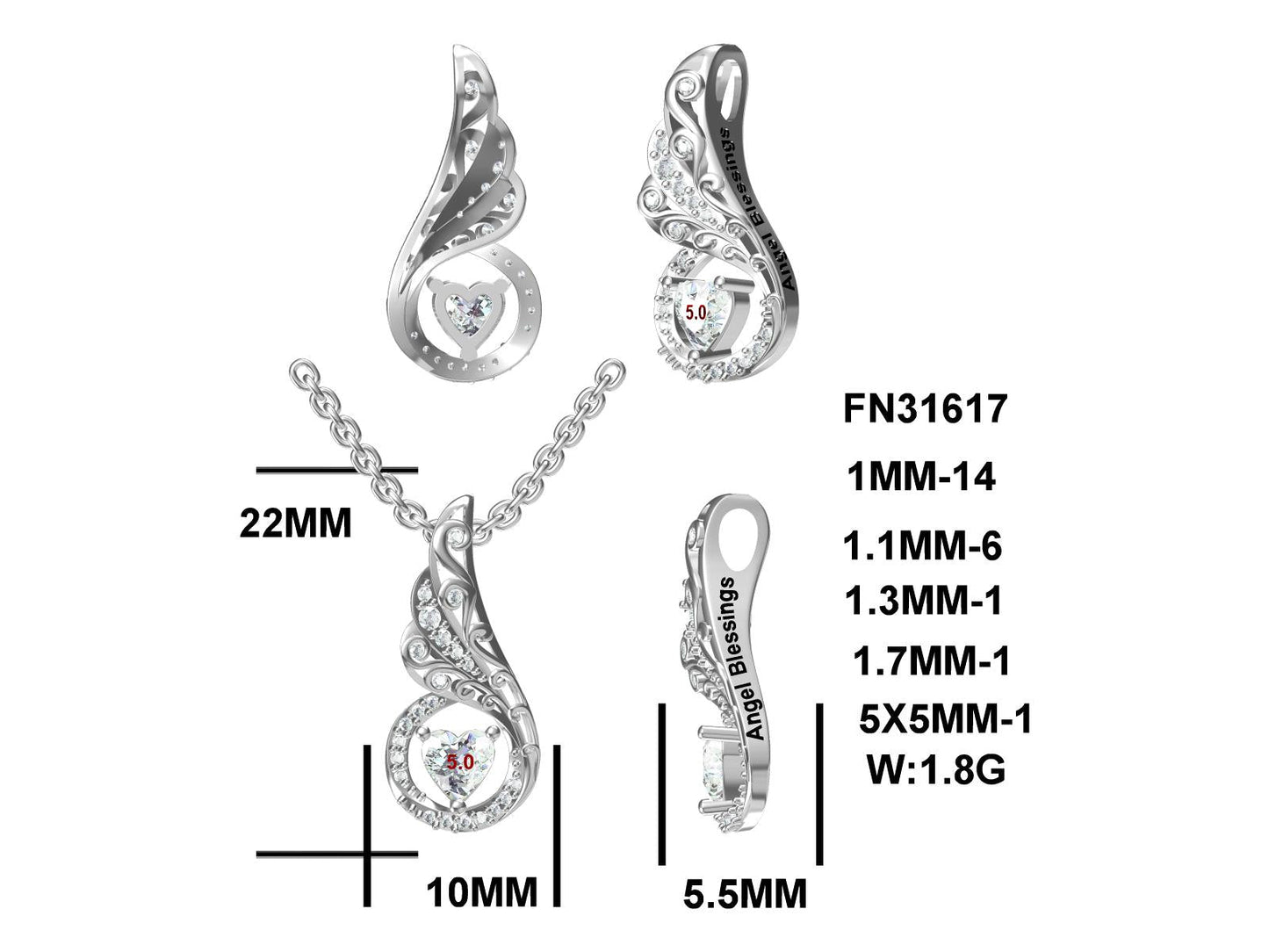 LM Antiqued, Angel Blessings, Rhodium Plated. Sterling Silver Pendant w/Created Sapphire Gemstone Heart & Accents and Pltd. SS Chain.-WH