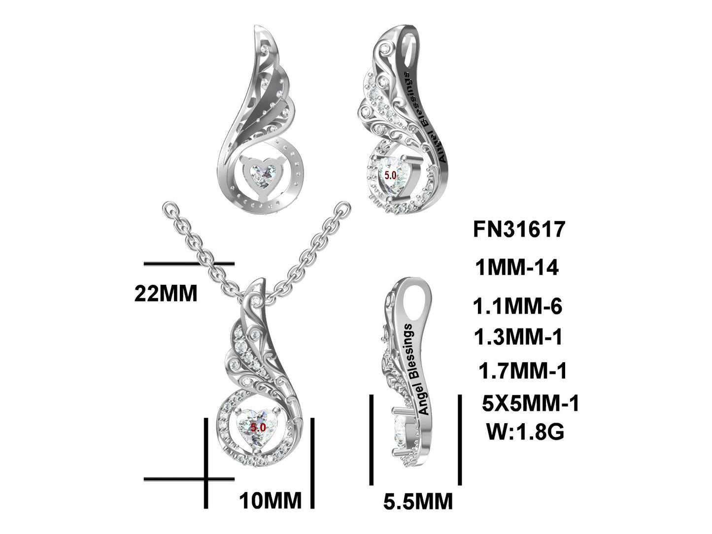 M Angel Blessings Pendant; Antiqued, Rhodium Plated SS w/Created Sapphire Gemstone Heart & Accents and Chain.