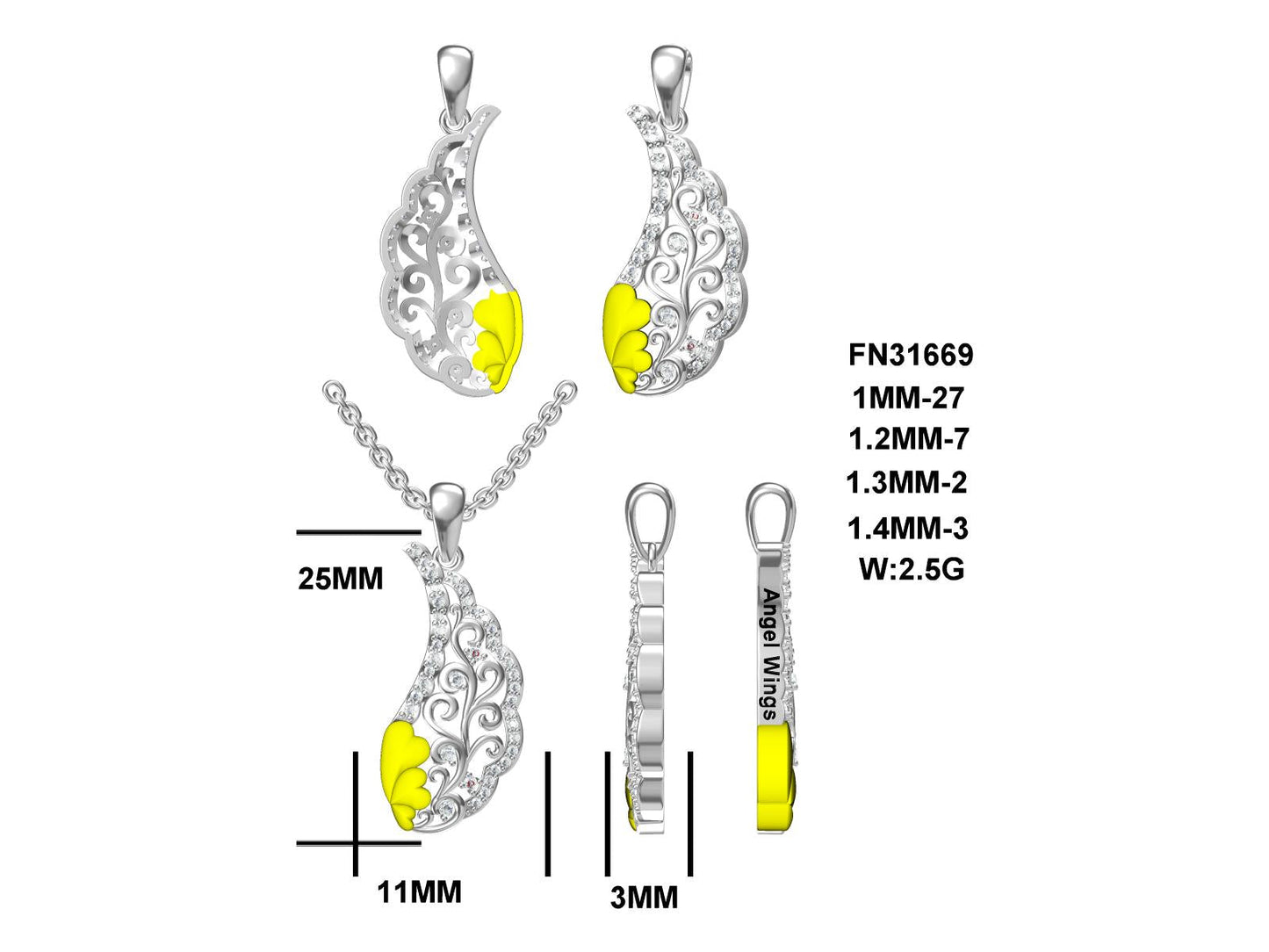 LM Angel Wings, Two Tone, Rhodium Plated Sterling Silver, Pendant w/Created Sapphires & Pltd. SS Chain.-WH