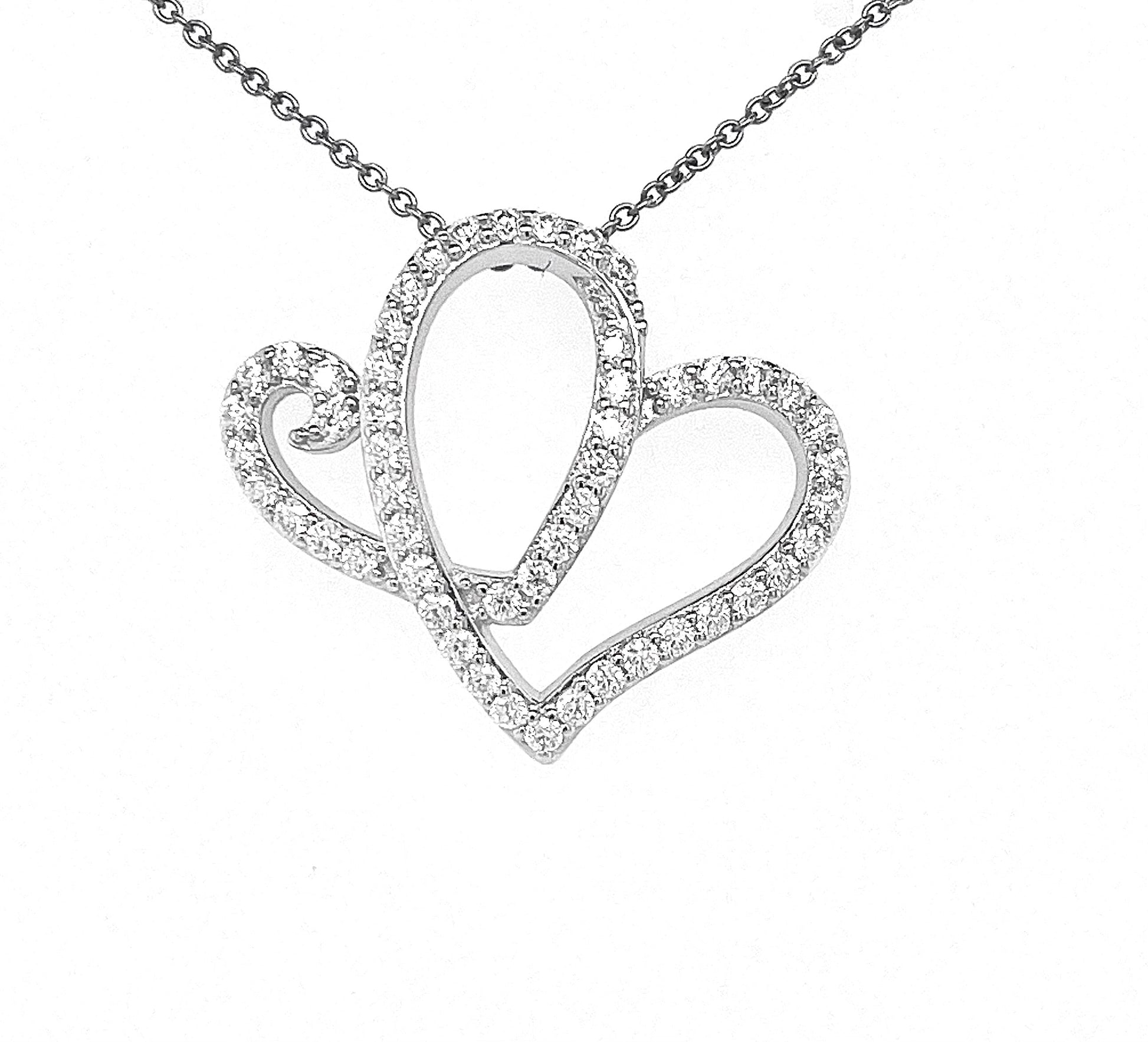 AH SS Hearts Pendant w/Moissanite Gemstones & 18" Chain; Rhodium Plated.-WH