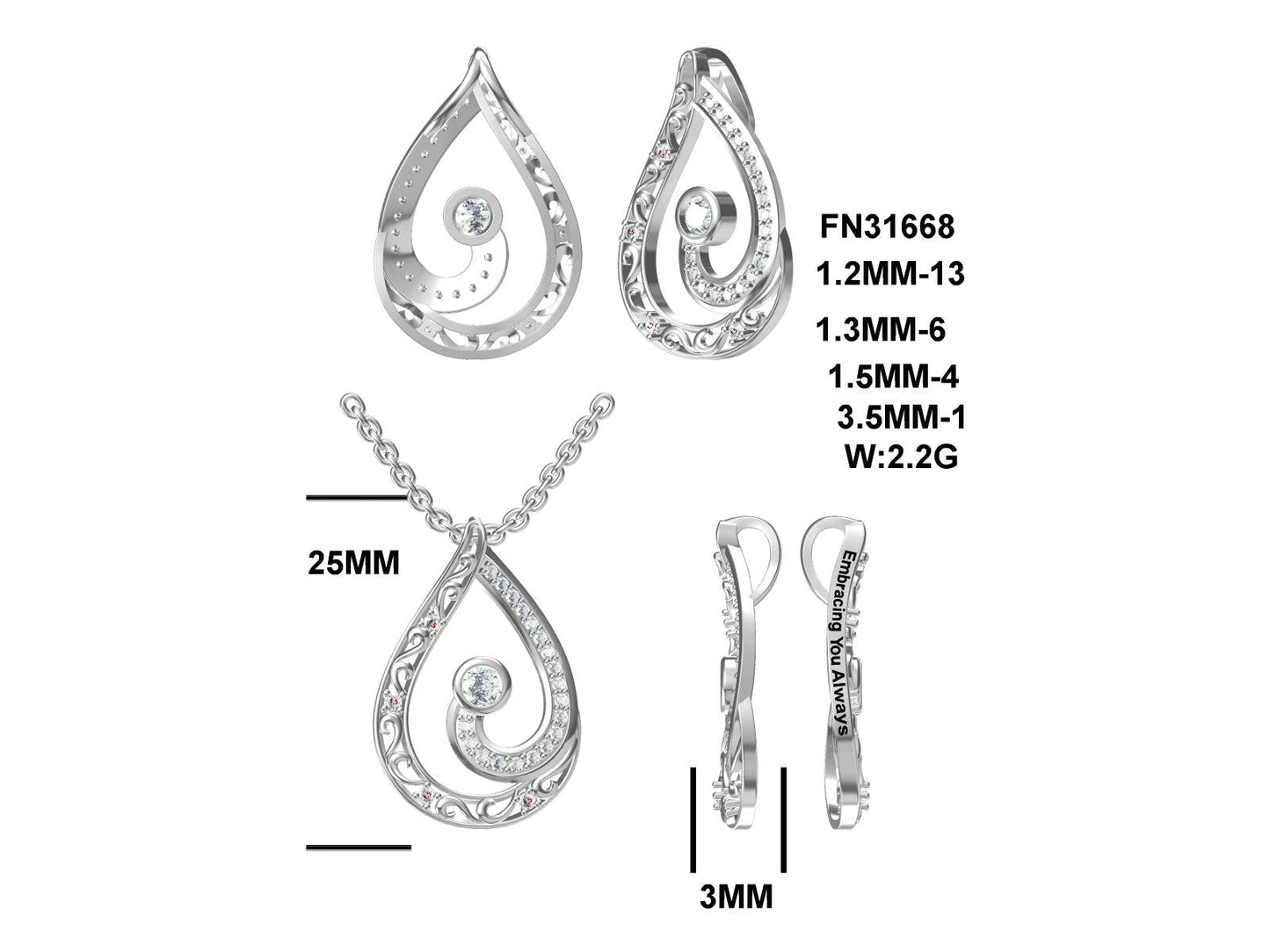 LM Embracing You Always Teardrop Pendant; Rhodium Plated. Sterling Silver w/Created Sapphire Gemstones & Pltd. SS Chain.-WH