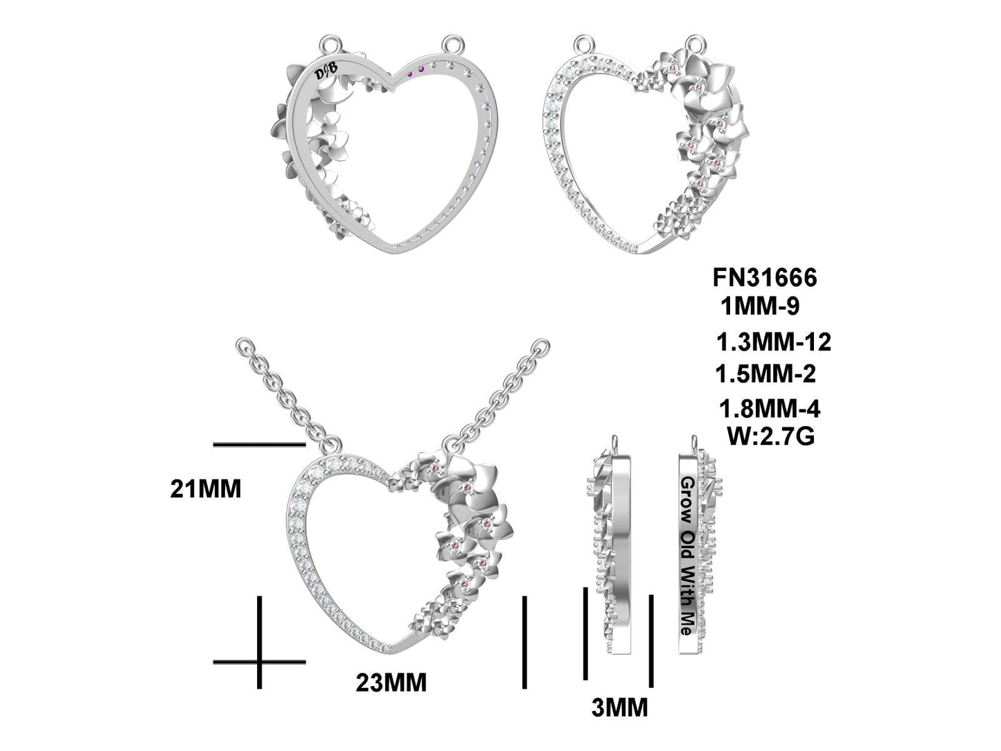 LM Grow Old With Me, Rhodium Plated, Sterling Silver, Heart Pendant w/Created Sapphire Highlights & Pltd. SS Chain.-WH