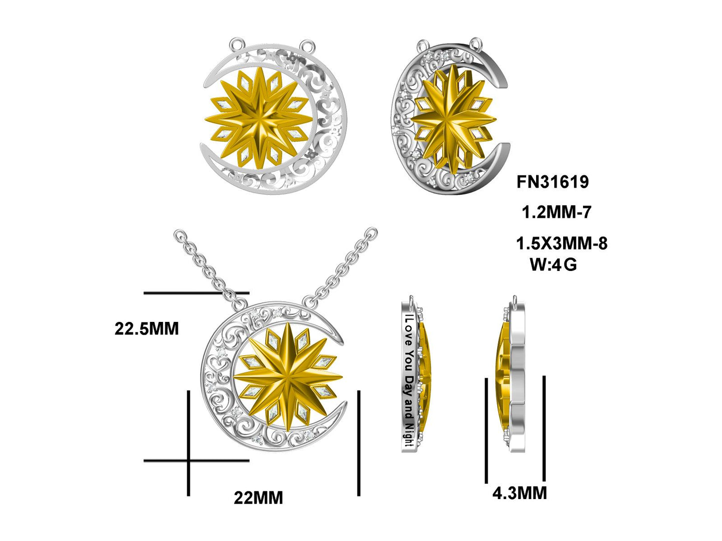 M I Love You Day And Night, Two Tone, Antiqued Pendant; SS w/Created Sapphire Gemstones & Chain.