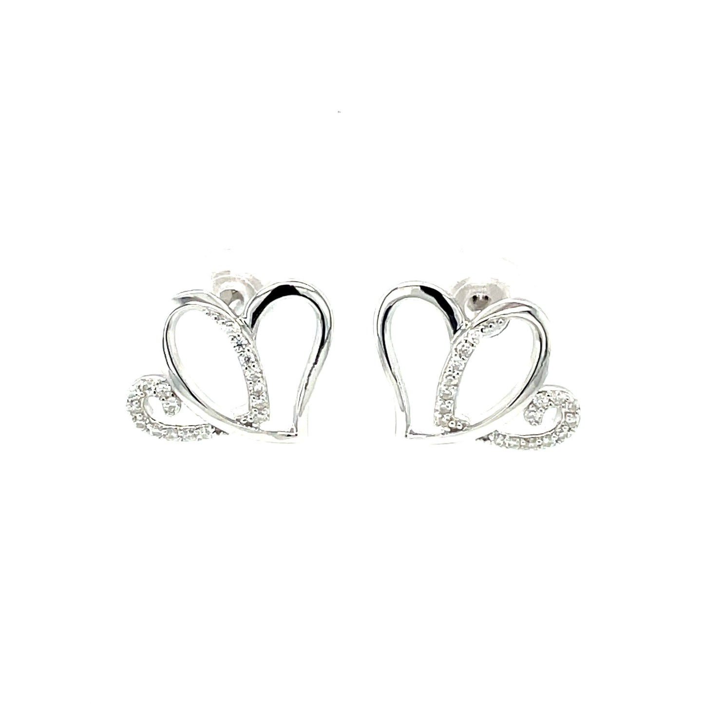 AH 2 Hearts Earrings w/Moissanite Gemstone Accents; Rhodium Plated SS.-WH