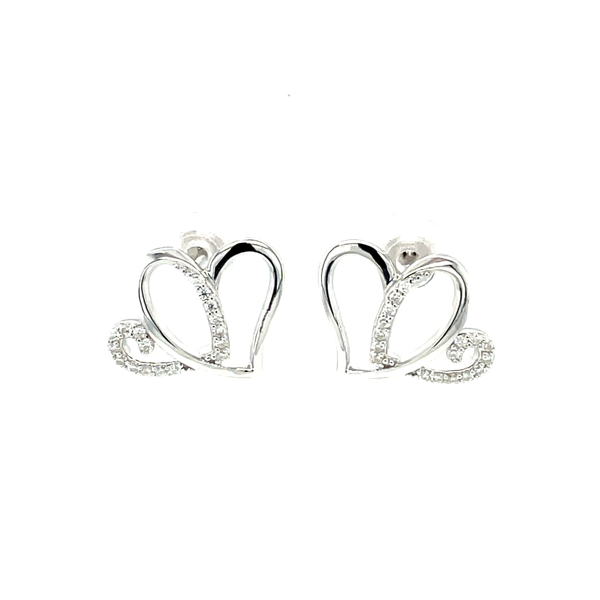 AH 2 Hearts Earrings w/Moissanite Gemstone Accents; Rhodium Plated SS.-WH