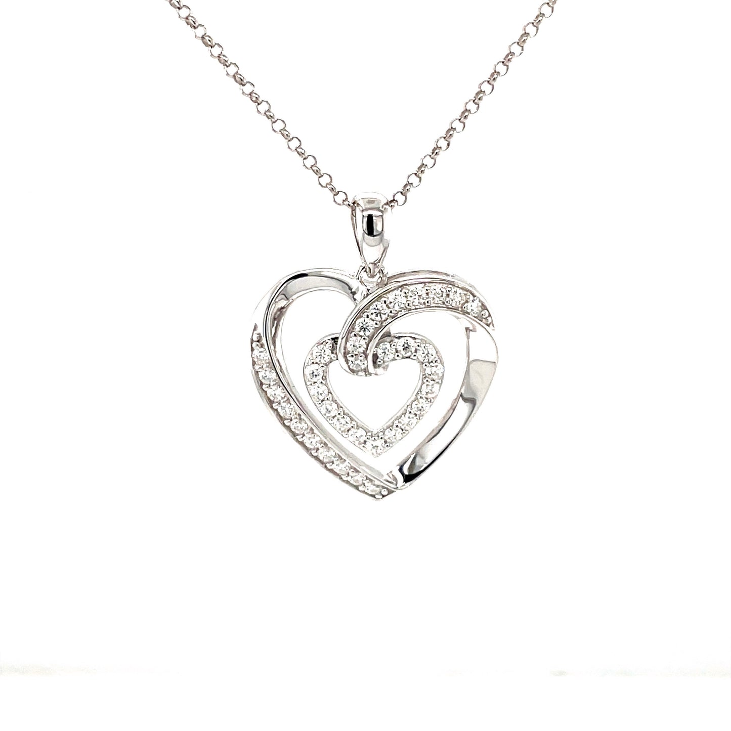 LE Rhodium Plated SS, Heart Pendant w/Moissanite Gemstone Highlights & SS Chain. -WH