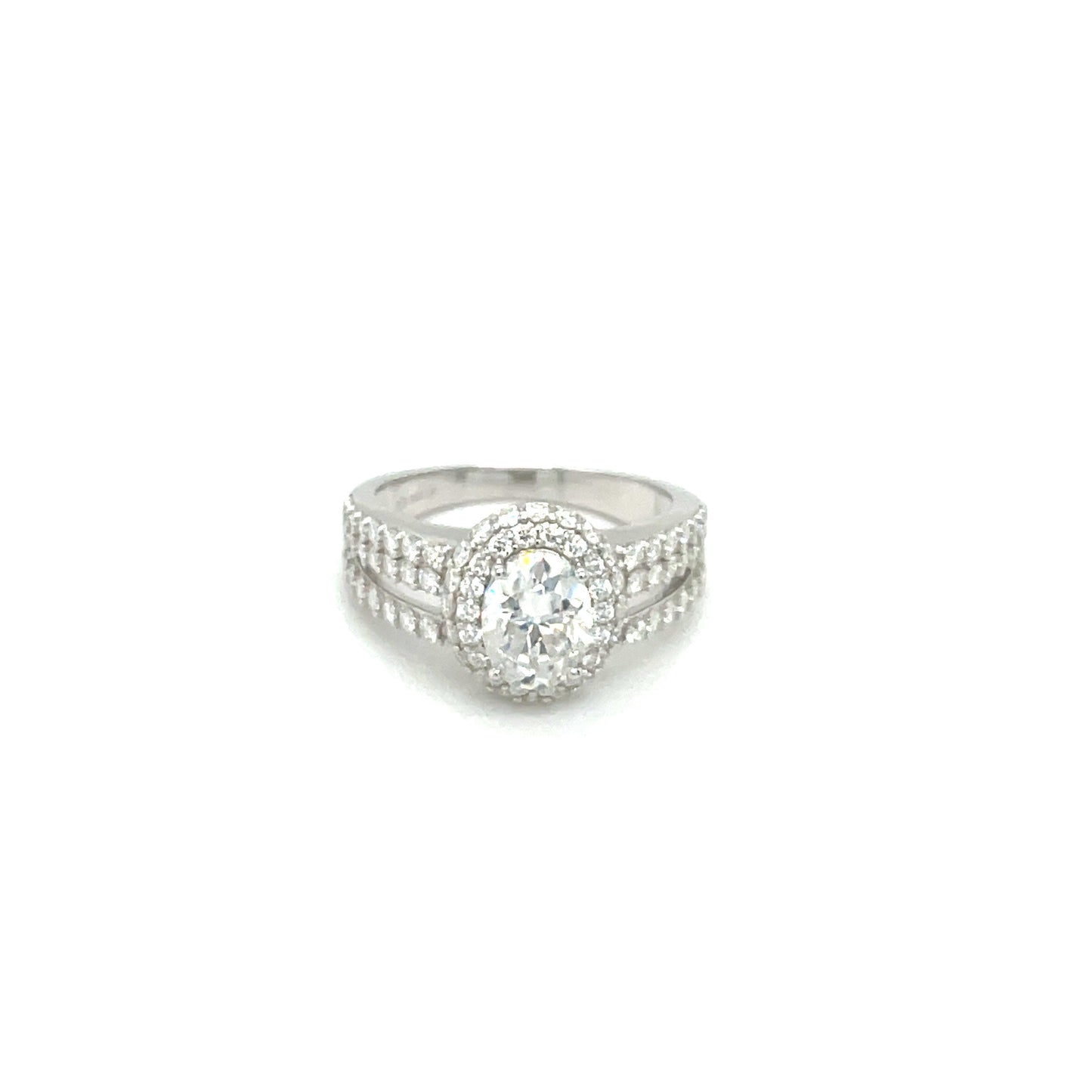 TTT Rhodium Plated, SS Ring w/2 Ct Oval & Moissanite Gemstone Accents.-WH