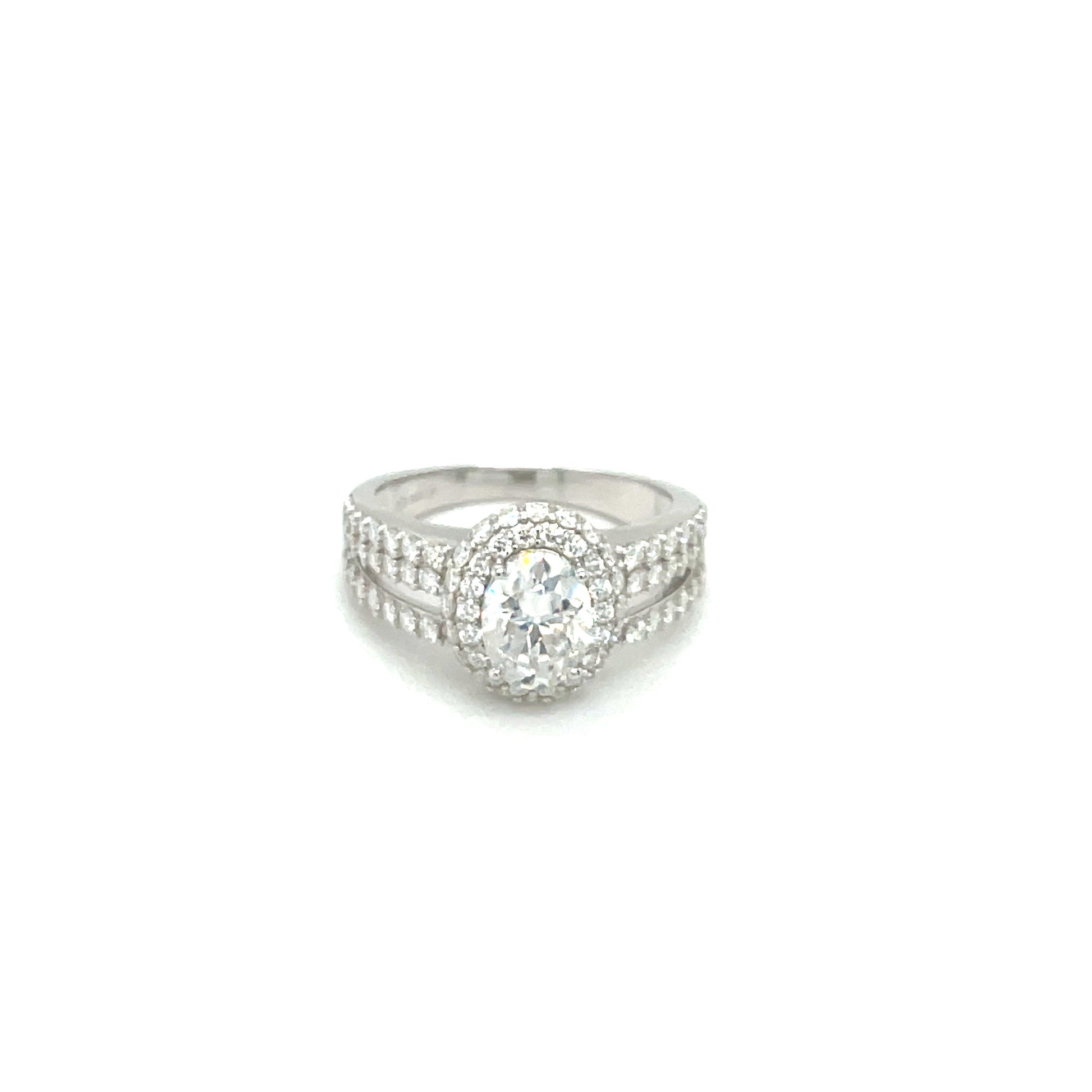 TTT Rhodium Plated, SS Ring w/2 Ct Oval & Moissanite Gemstone Accents.-WH