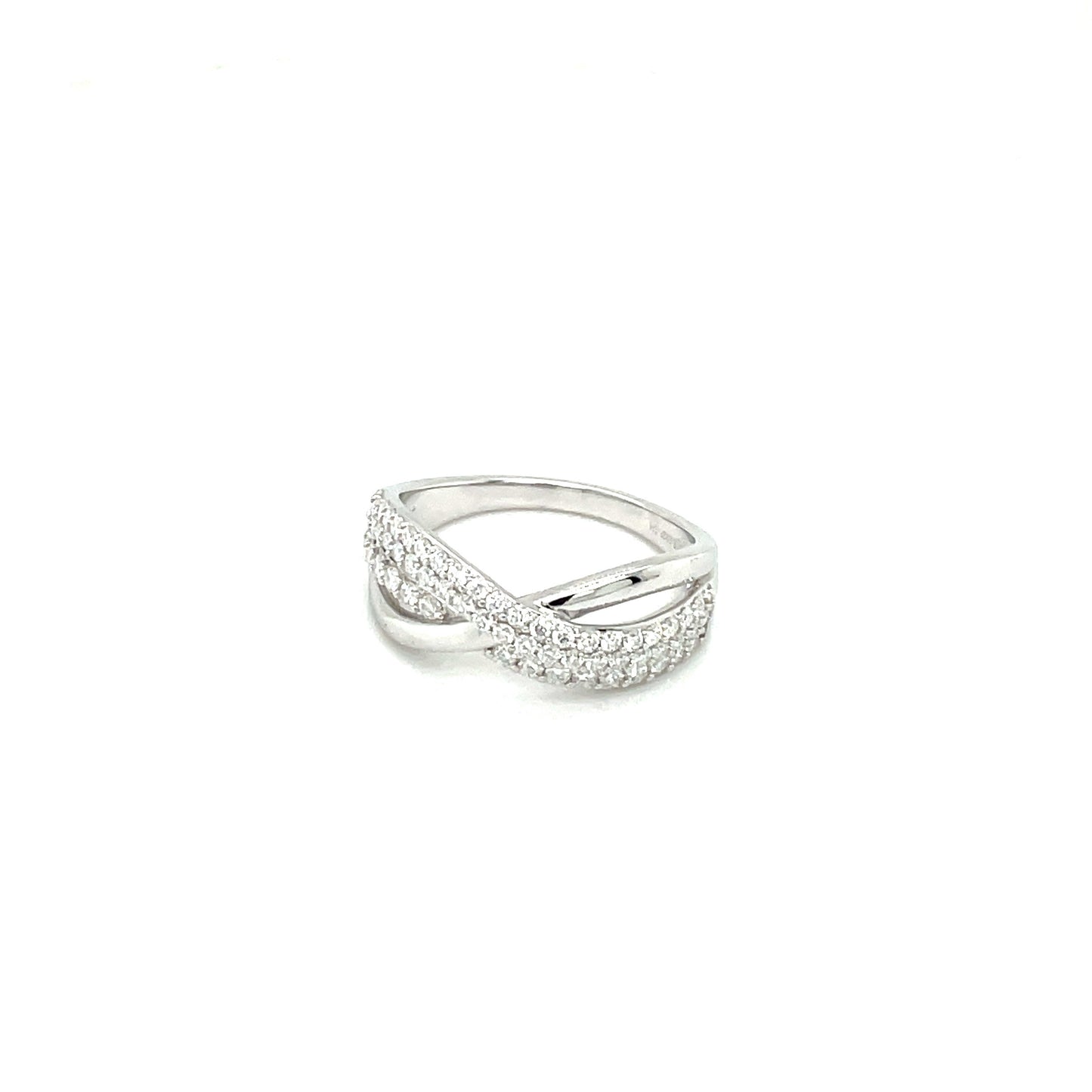 TTT High Polish, Sterling Silver, Criss-Cross Ring w/Moissanite Gemstones; Platinum Plated.-WH