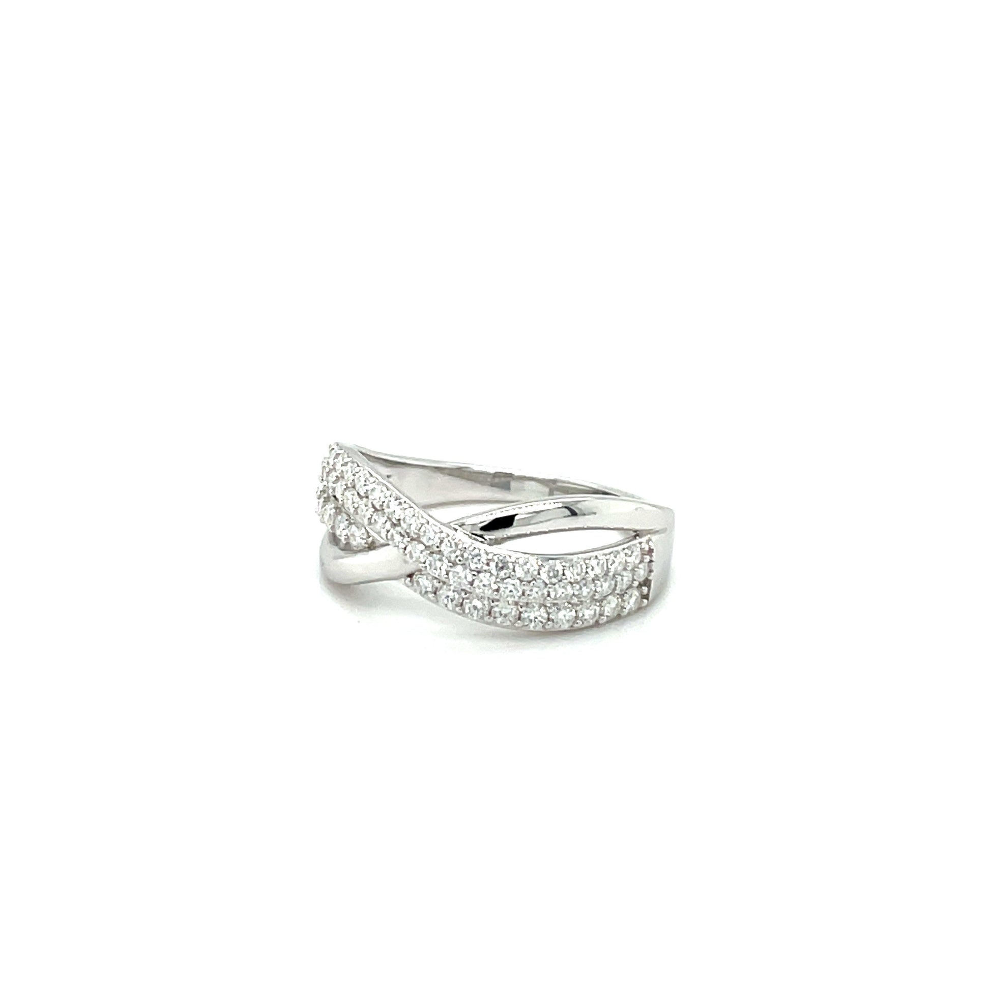 TTT High Polish, Sterling Silver, Criss-Cross Ring w/Moissanite Gemstones; Platinum Plated.-WH