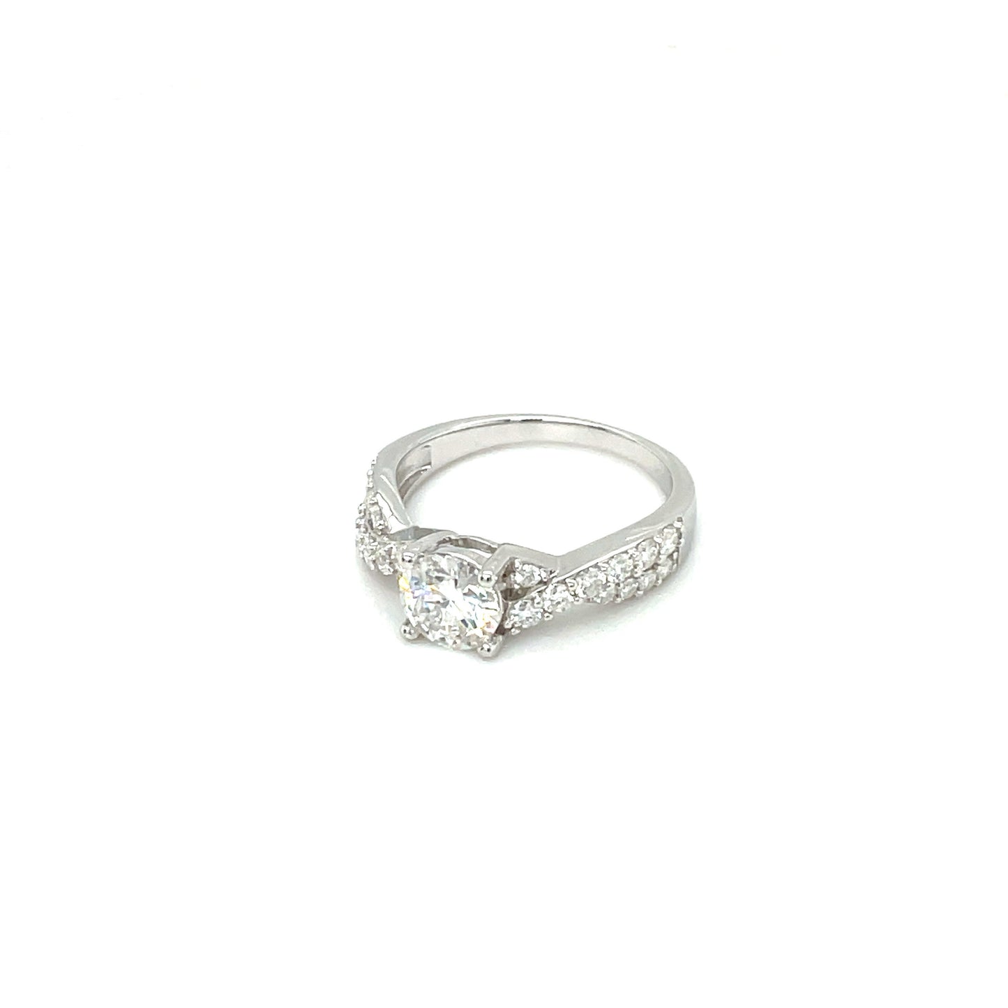 TTT Rhodium Plated, Sterling Silver Twisted Ring w/1 Ct Round & Moissanite Gemstone Accents.-WH