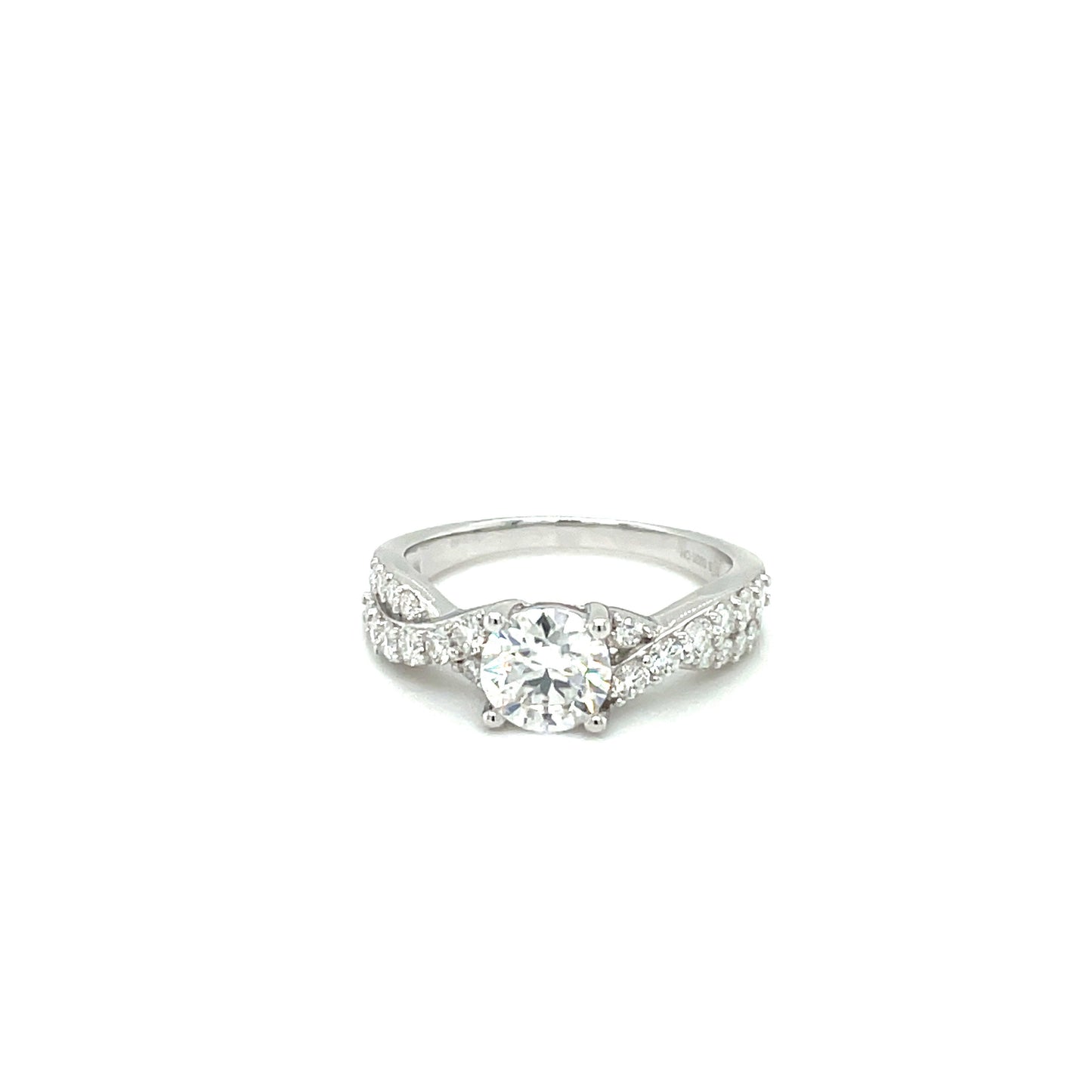 TTT Rhodium Plated, Sterling Silver Twisted Ring w/1 Ct Round & Moissanite Gemstone Accents.-WH