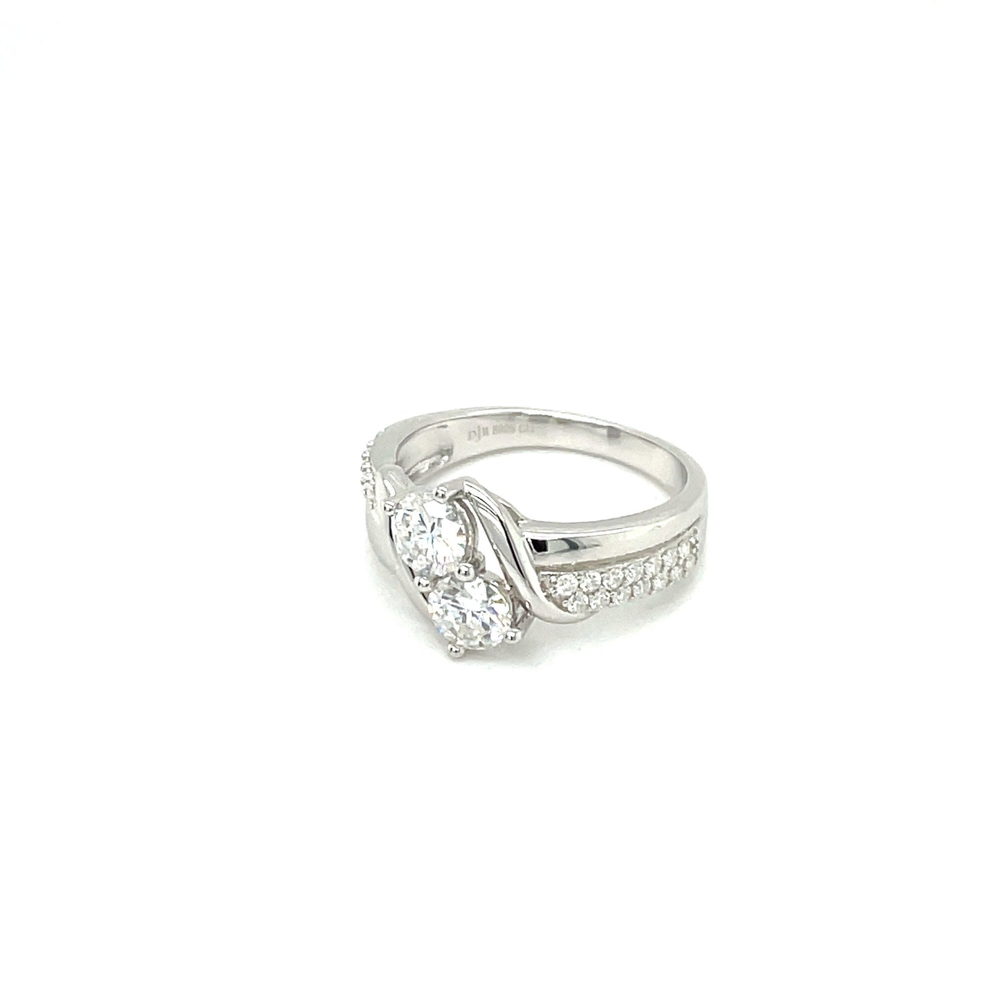 TTT Sterling Silver, High Polish  Ring w/2 Round & Moissanite Gemstone Highlights: Rhodium Plated.-WH