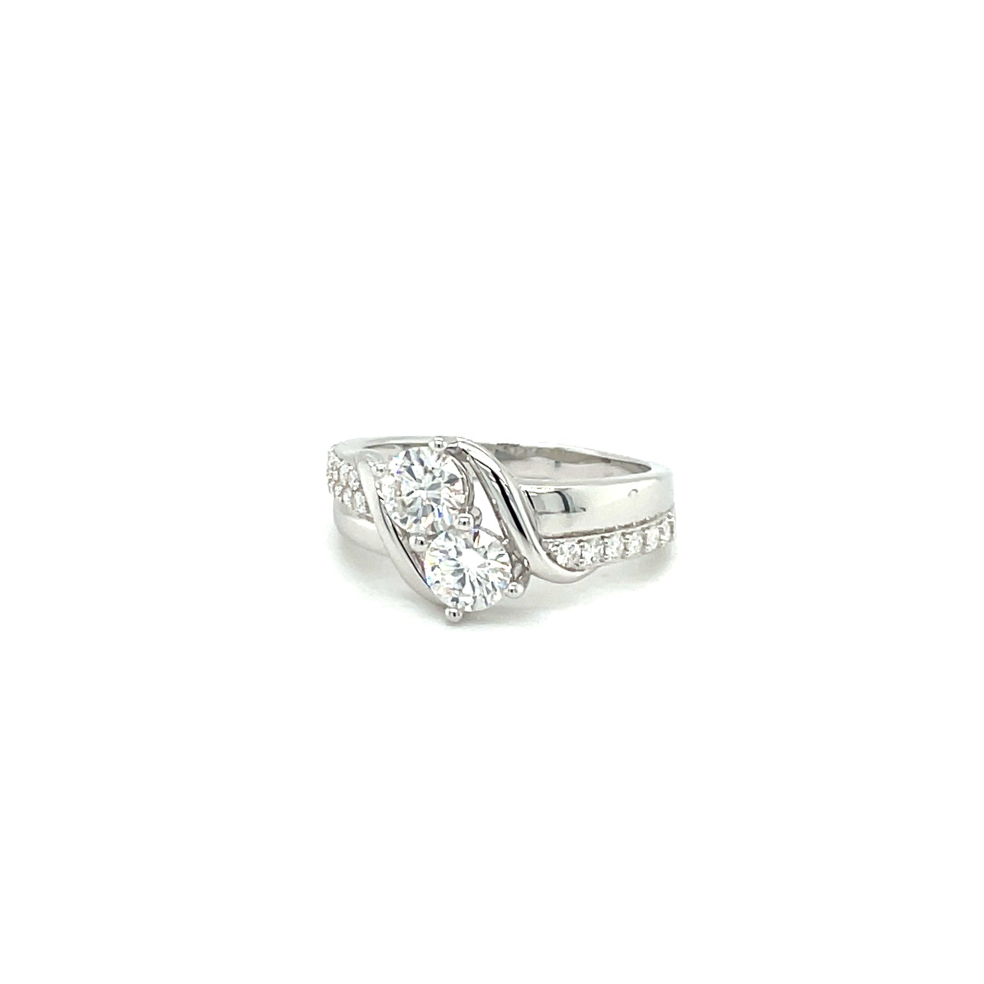 TTT Sterling Silver, High Polish  Ring w/2 Round & Moissanite Gemstone Highlights: Rhodium Plated.-WH