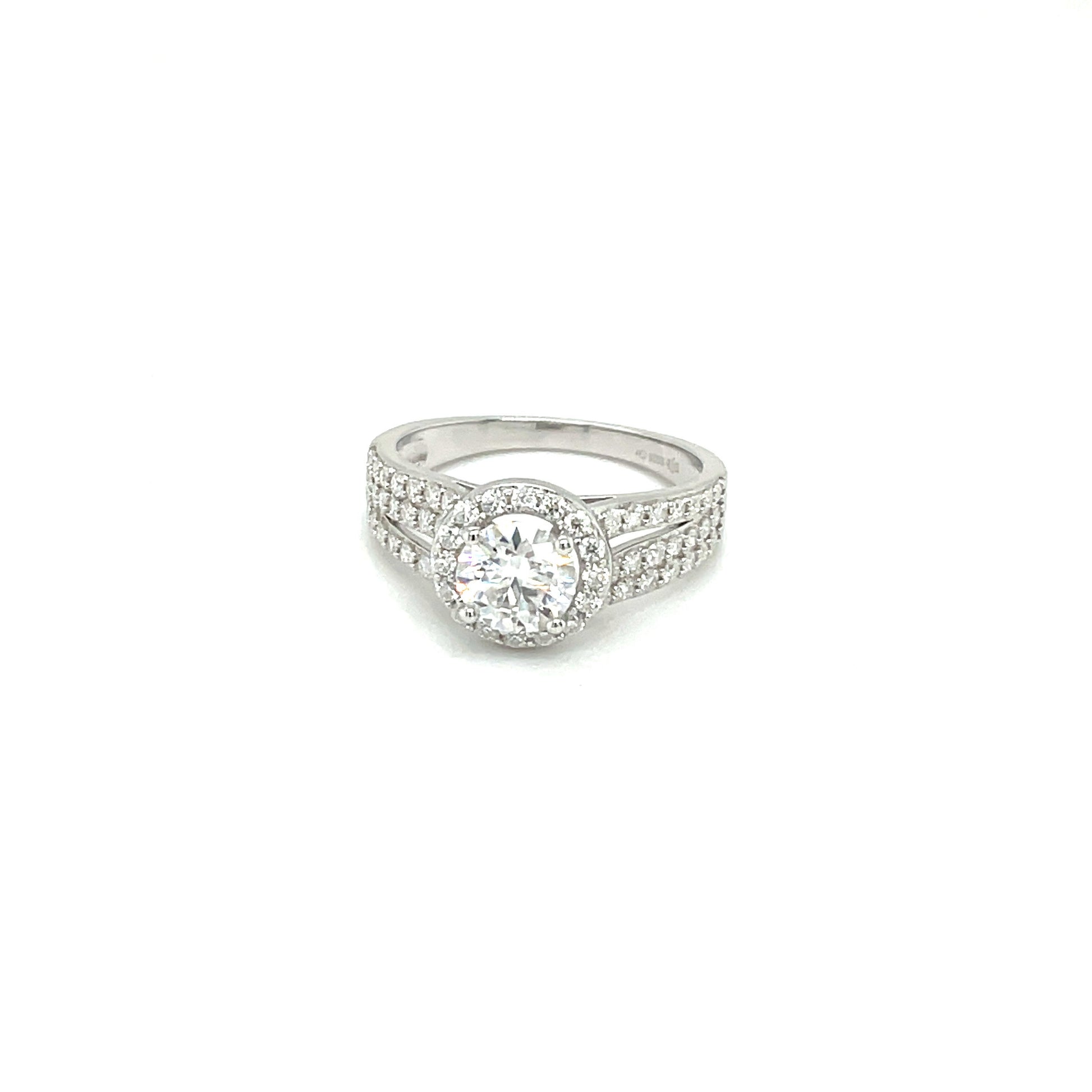 TTT Platinum Plated, Sterling Silver Ring w/1 Ct Round, Halo & Moissanite Gemstone Accents