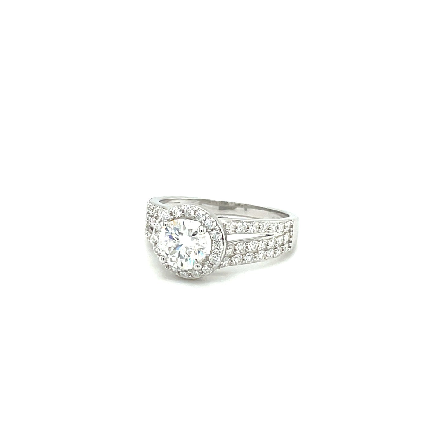 TTT Platinum Plated, Sterling Silver Ring w/1 Ct Round, Halo & Moissanite Gemstone Accents