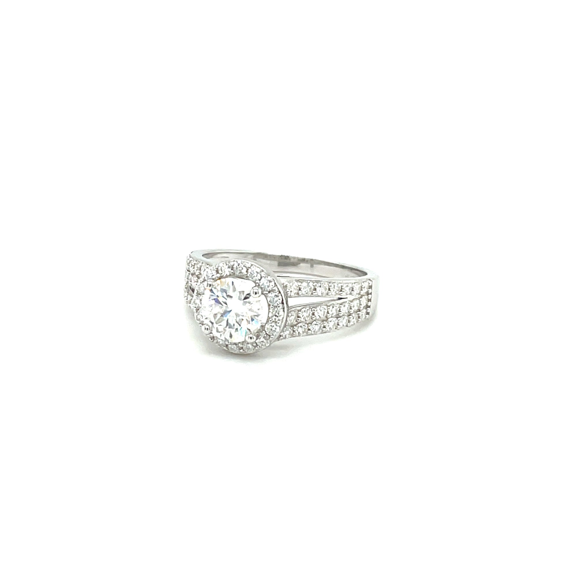 TTT Platinum Plated, Sterling Silver Ring w/1 Ct Round, Halo & Moissanite Gemstone Accents