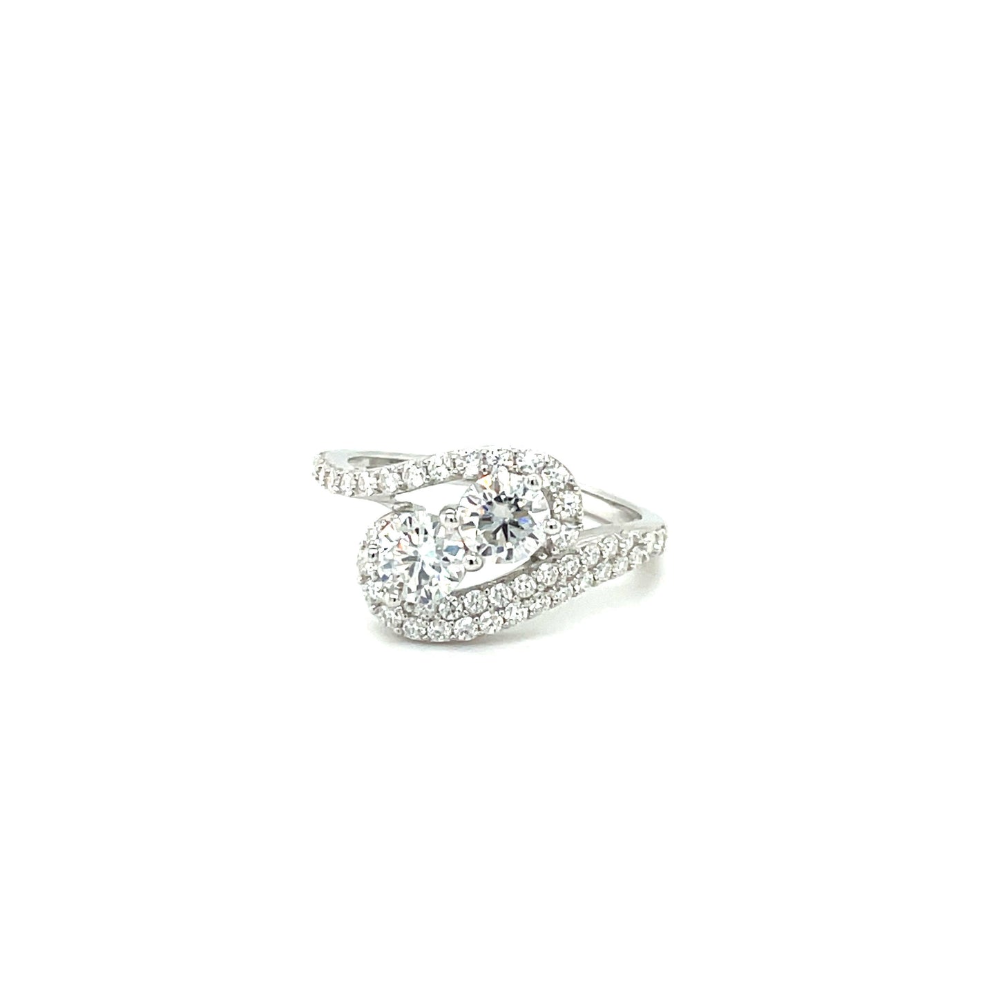 TTT Rhodium Plated, SS Ring w/2 Round and Moissanite Gemstone Accents on a Slanted, Swirl Band.-WH
