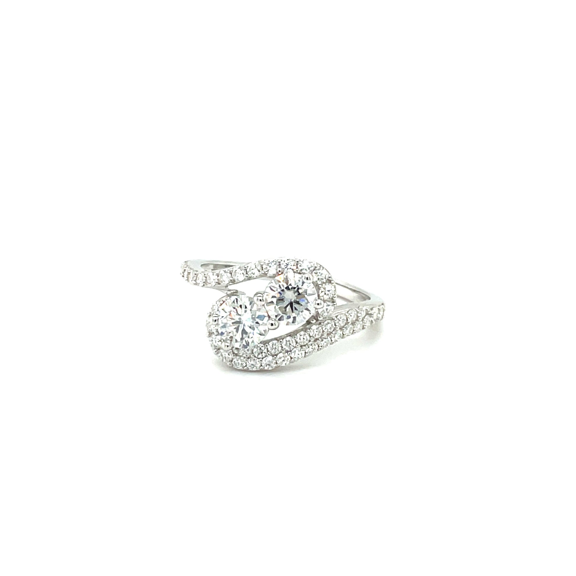 TTT Rhodium Plated, SS Ring w/2 Round and Moissanite Gemstone Accents on a Slanted, Swirl Band.-WH