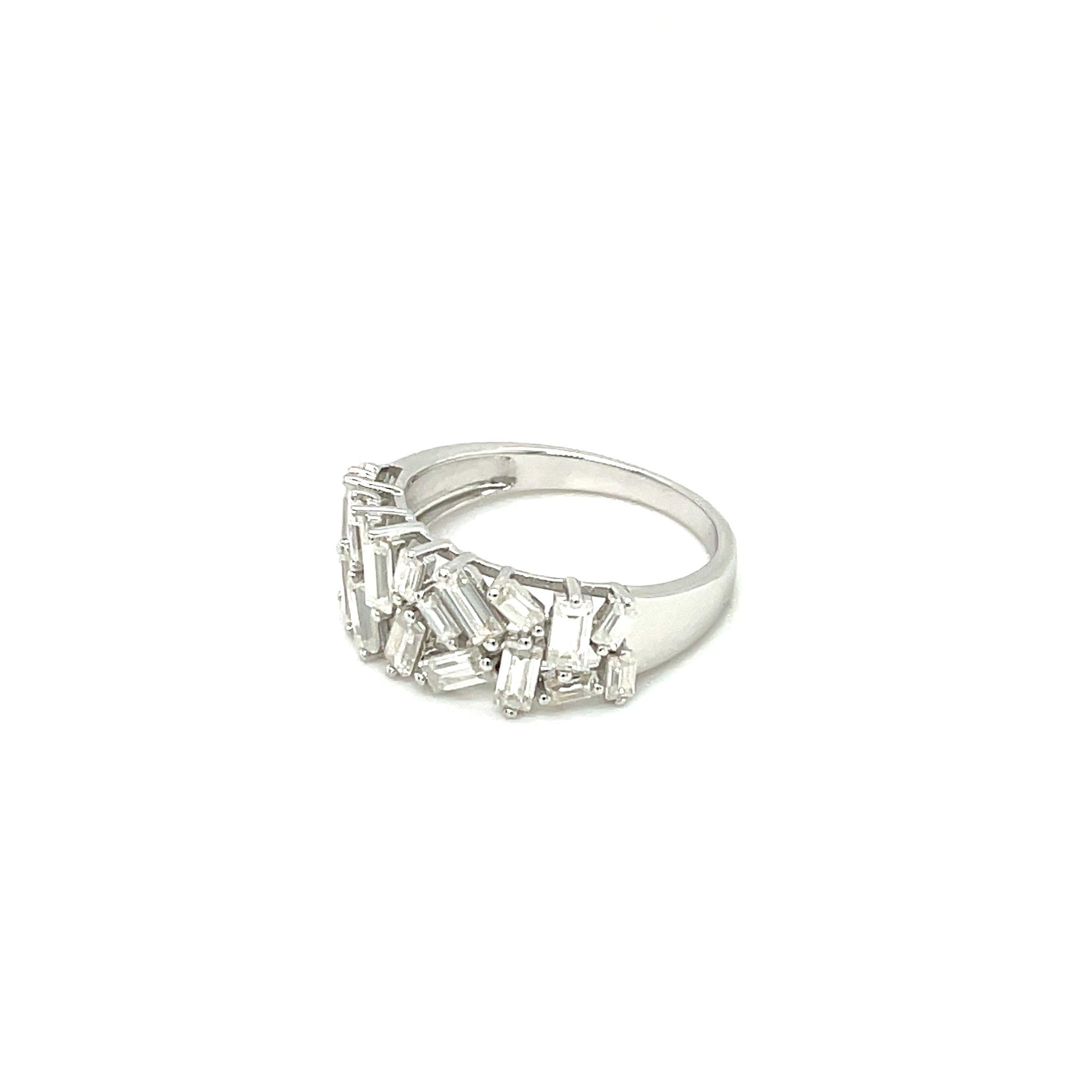 TTT Platinum Plated, Sterling Silver Ring w/Rectangular Moissanite Gemstone Baquettes.-WH