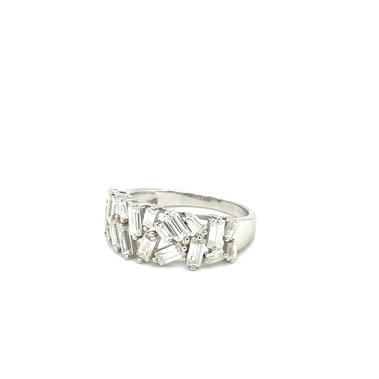 TTT Platinum Plated, Sterling Silver Ring w/Rectangular Moissanite Gemstone Baquettes.-WH