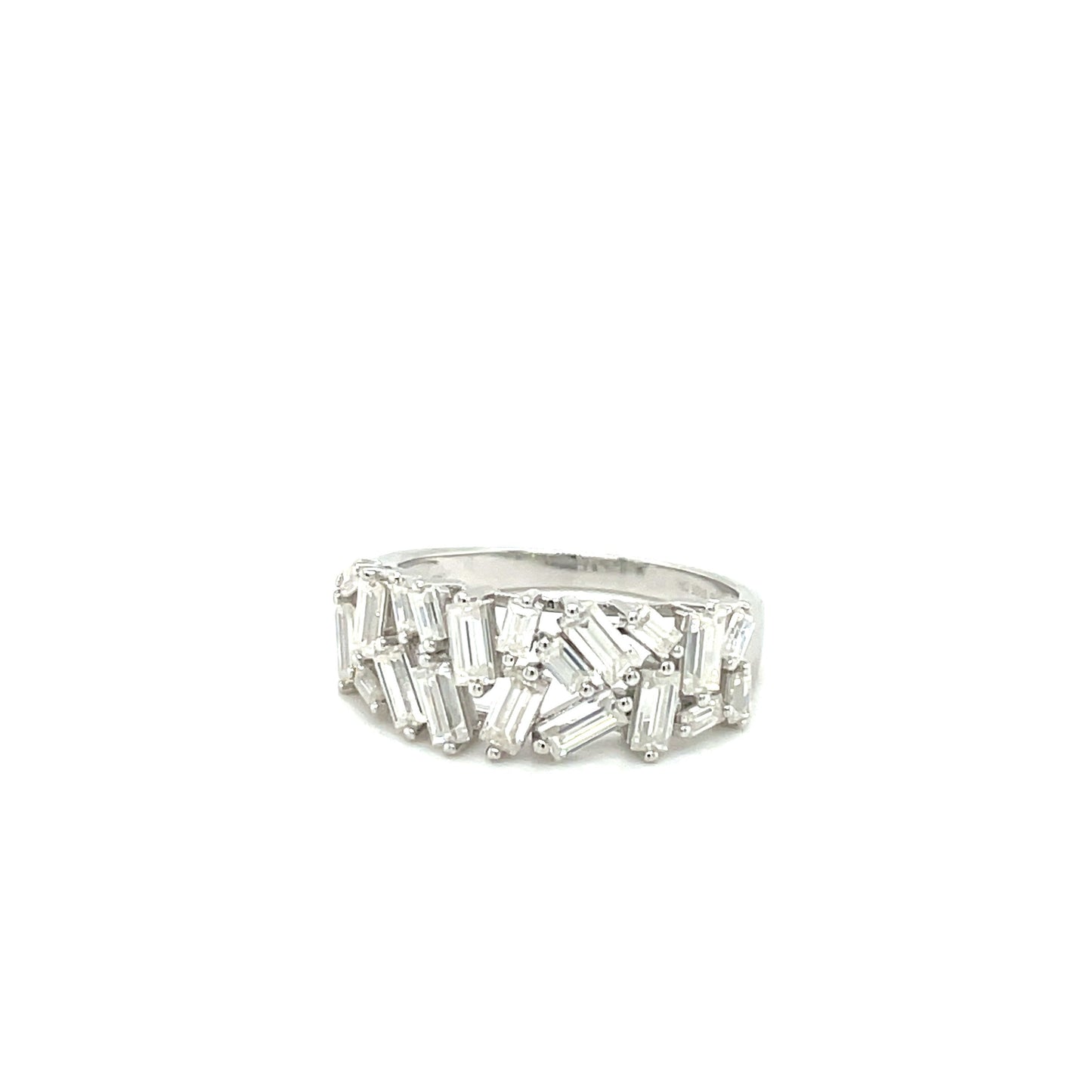 TTT Platinum Plated, Sterling Silver Ring w/Rectangular Moissanite Gemstone Baquettes.-WH