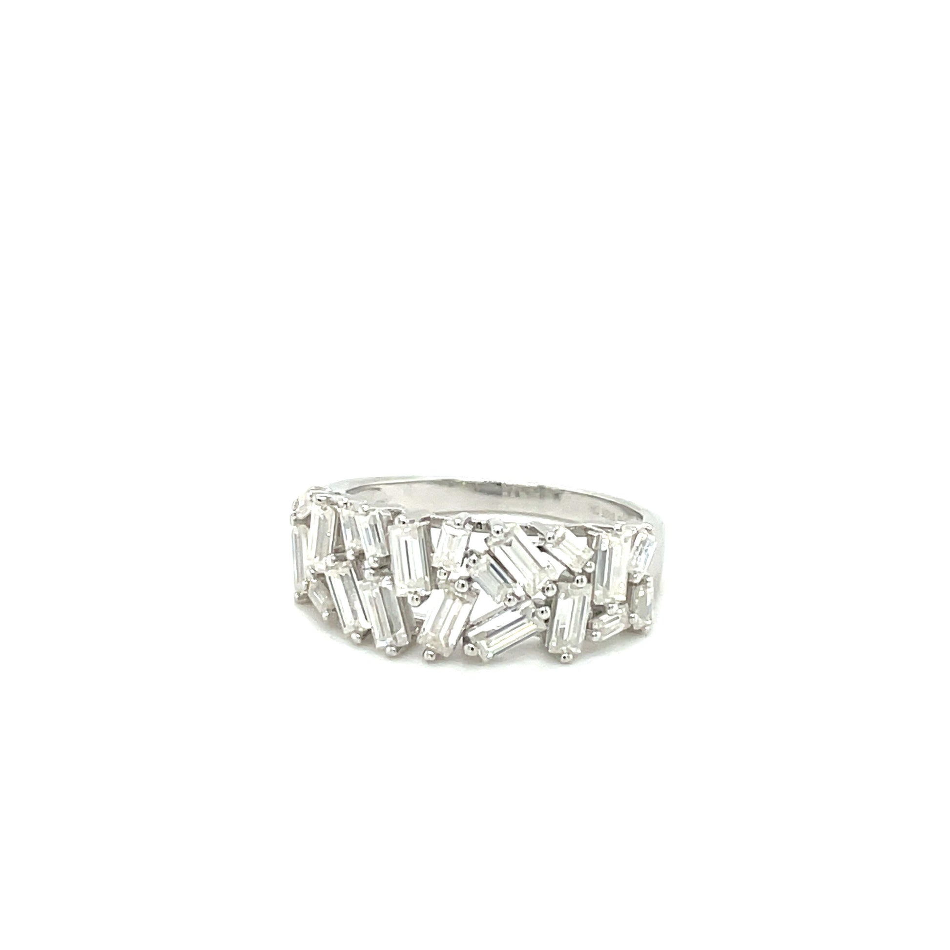 TTT Platinum Plated, Sterling Silver Ring w/Rectangular Moissanite Gemstone Baquettes.-WH