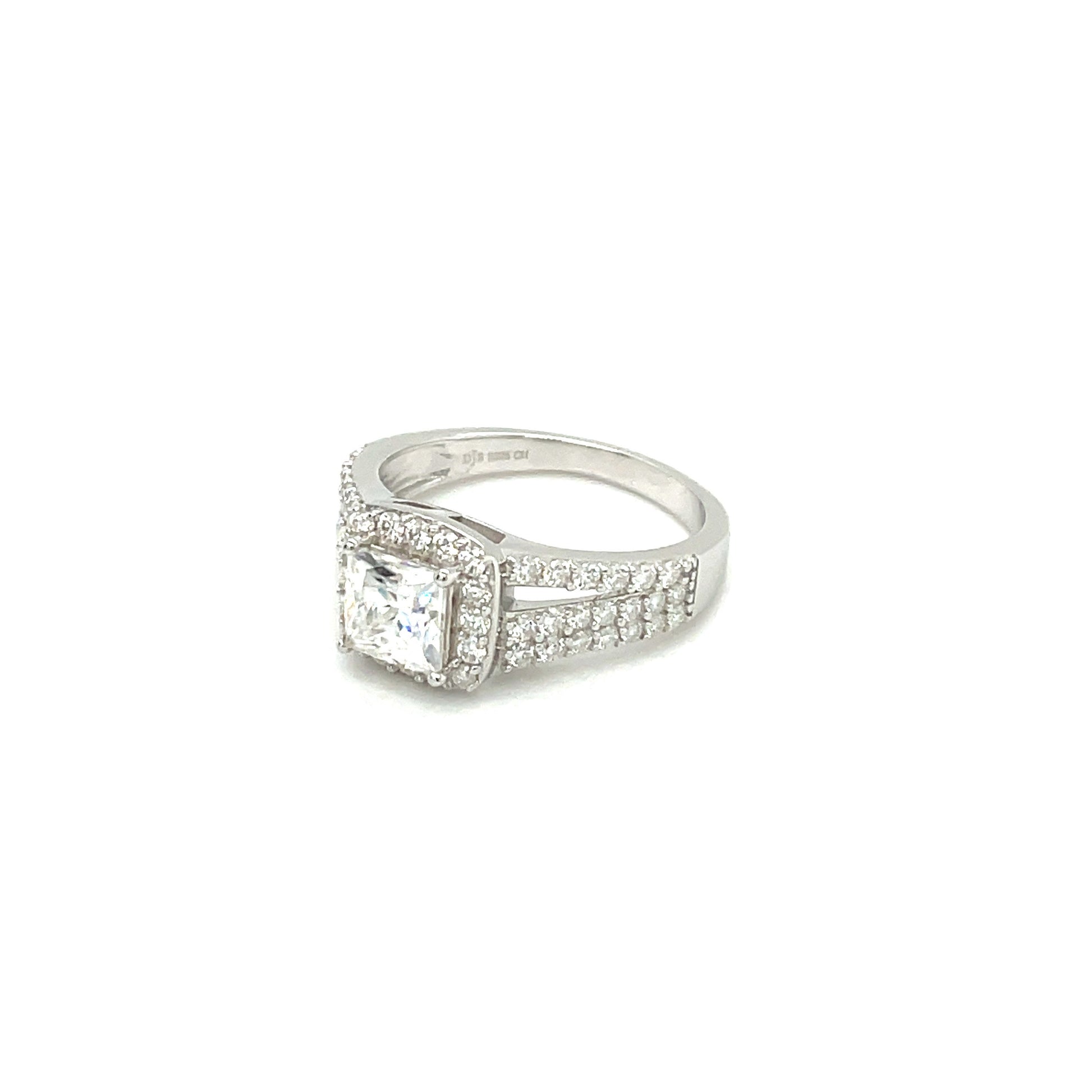 TTT 1 Ct Square, Halo & Moissanite Gemstone Accented Ring; Rhodium Plated-WH