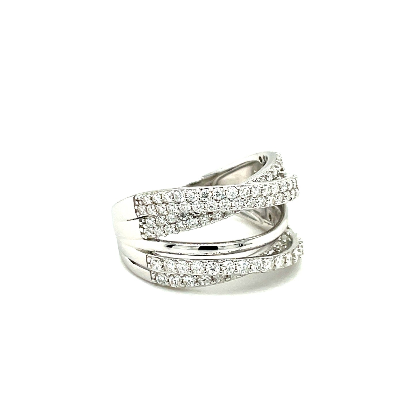 TTT 5 Band Criss-Cross Ring w/Moissanite Gemstone Highlights; Rhodium Plated SS.-WH