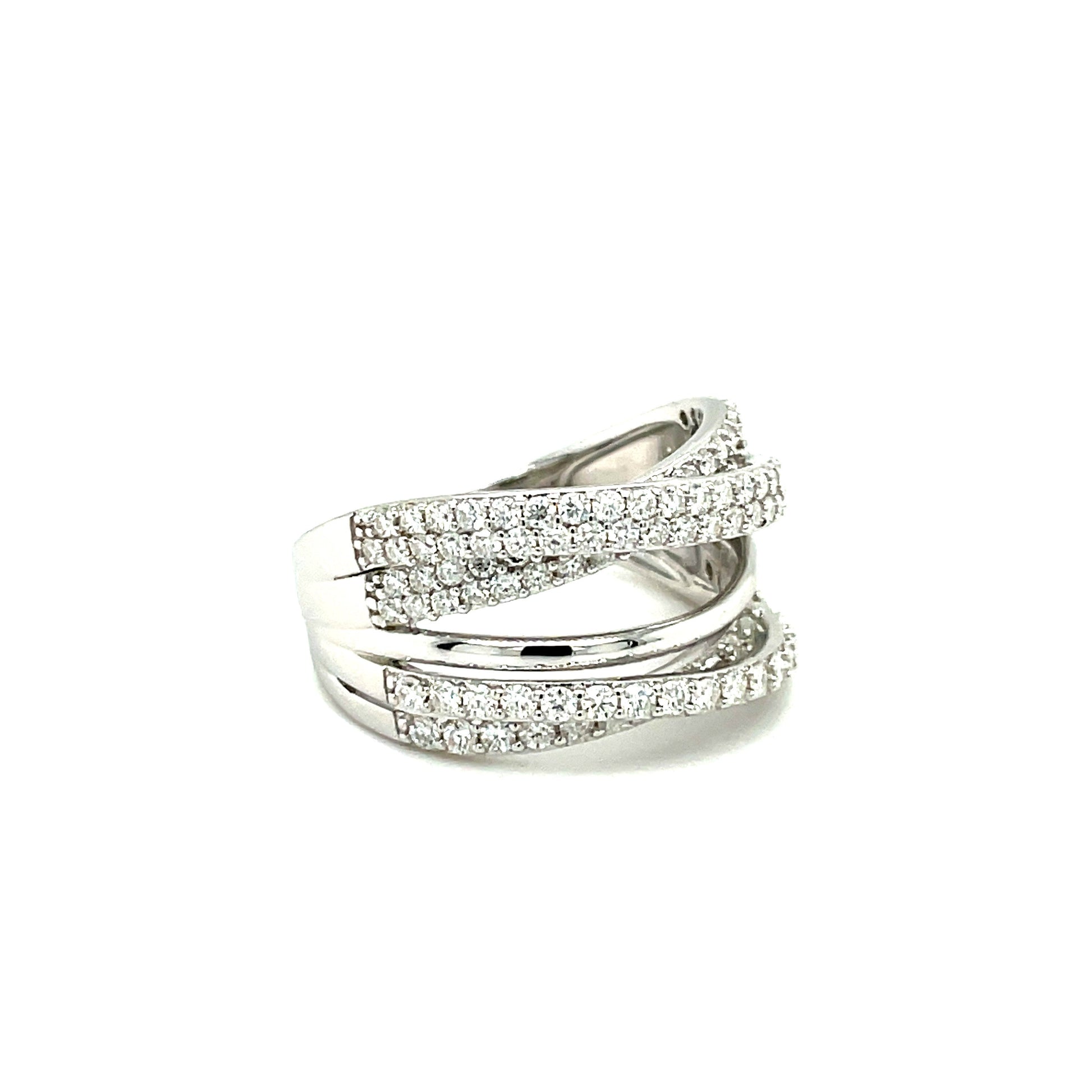 TTT 5 Band Criss-Cross Ring w/Moissanite Gemstone Highlights; Rhodium Plated SS.-WH