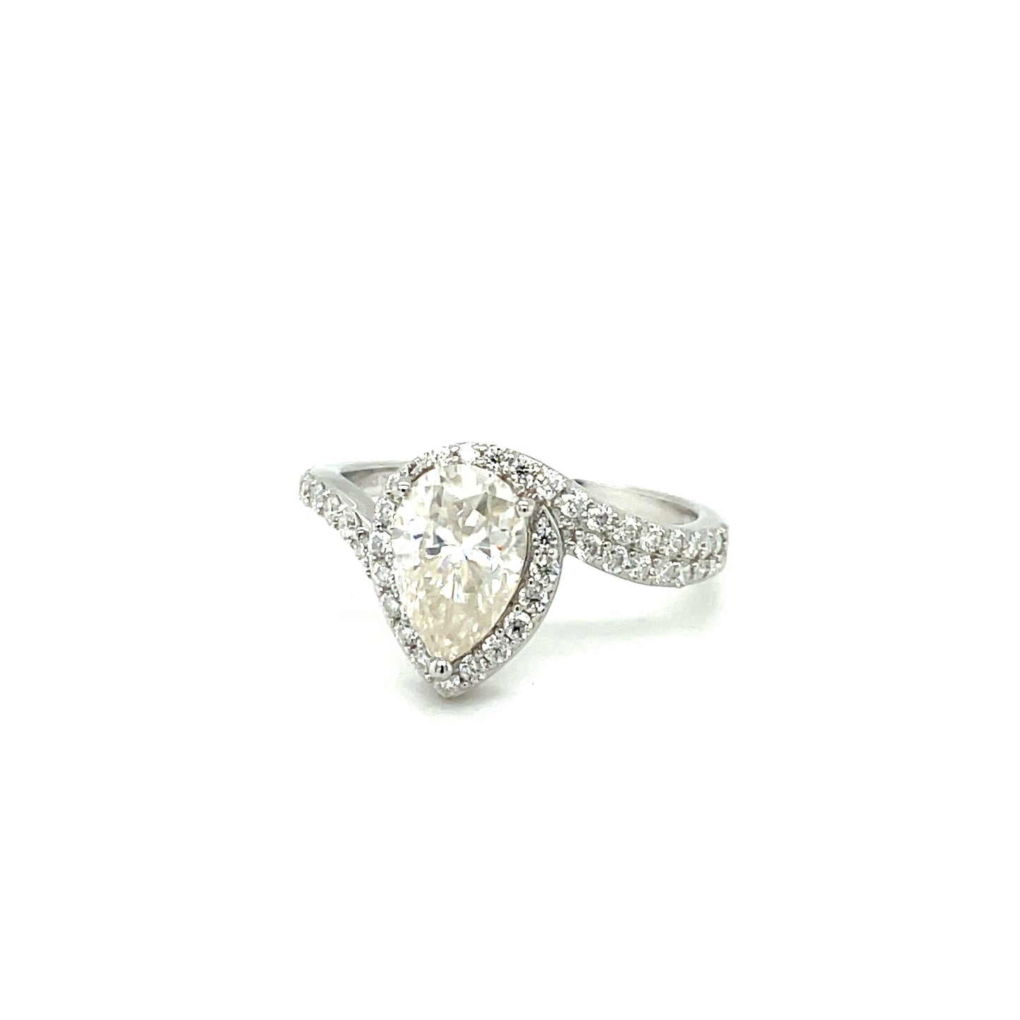 TTT 2 Ct Pear Shaped Center & Full Moissanite Gemstones Highlighted Ring; SS, Rhodium Plated.-WH