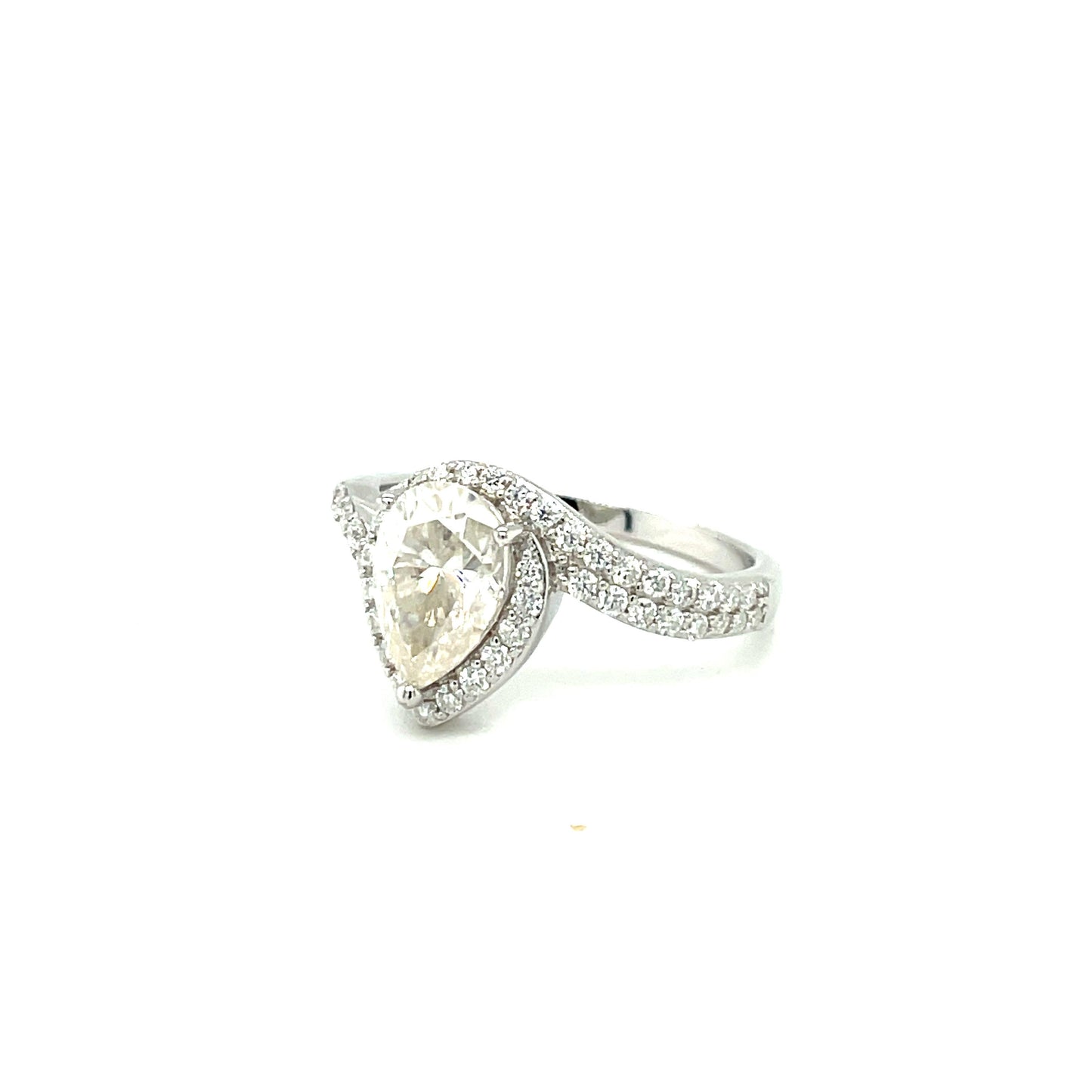 TTT 2 Ct Pear Shaped Center & Full Moissanite Gemstones Highlighted Ring; SS, Rhodium Plated.-WH