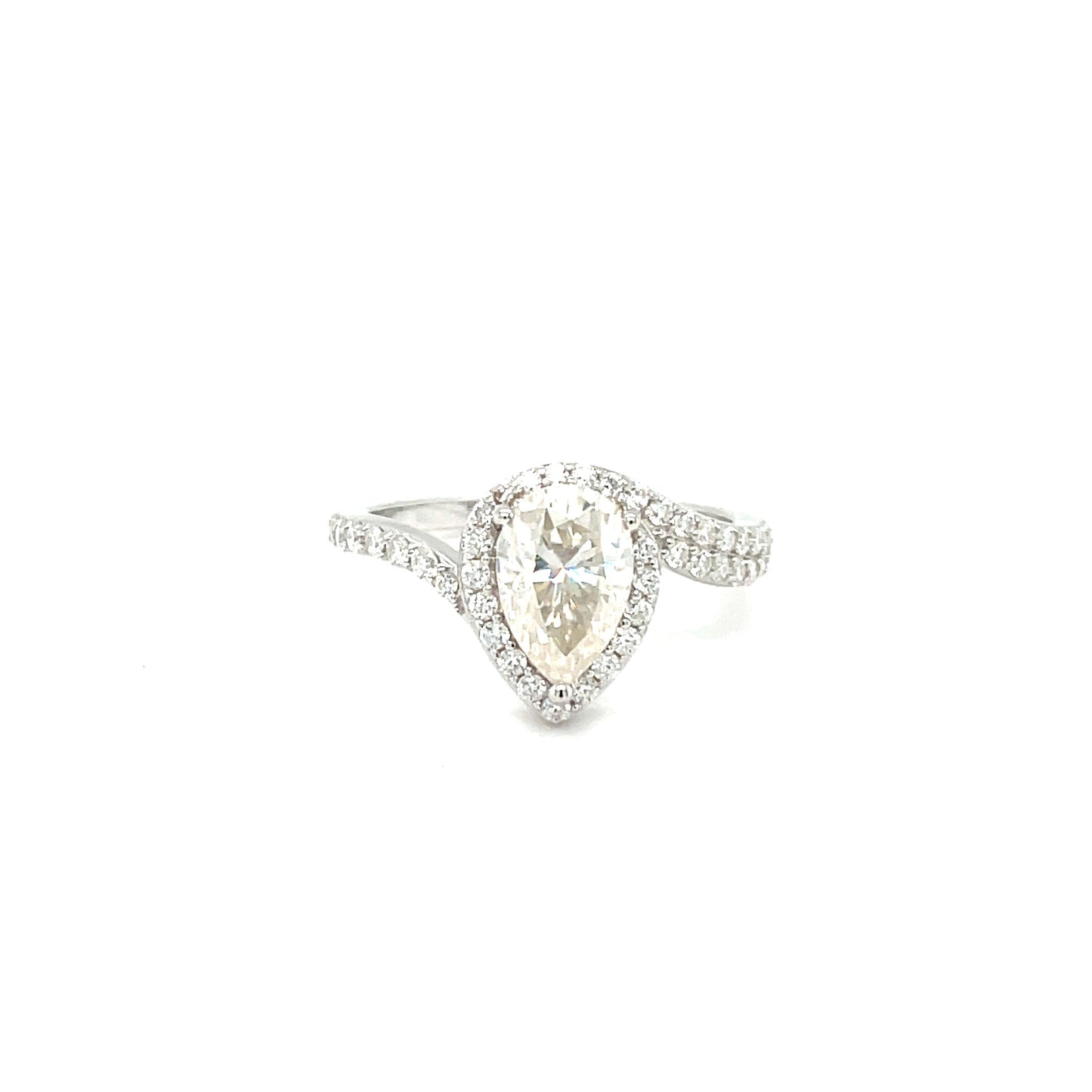 TTT 2 Ct Pear Shaped Center & Full Moissanite Gemstones Highlighted Ring; SS, Rhodium Plated.-WH