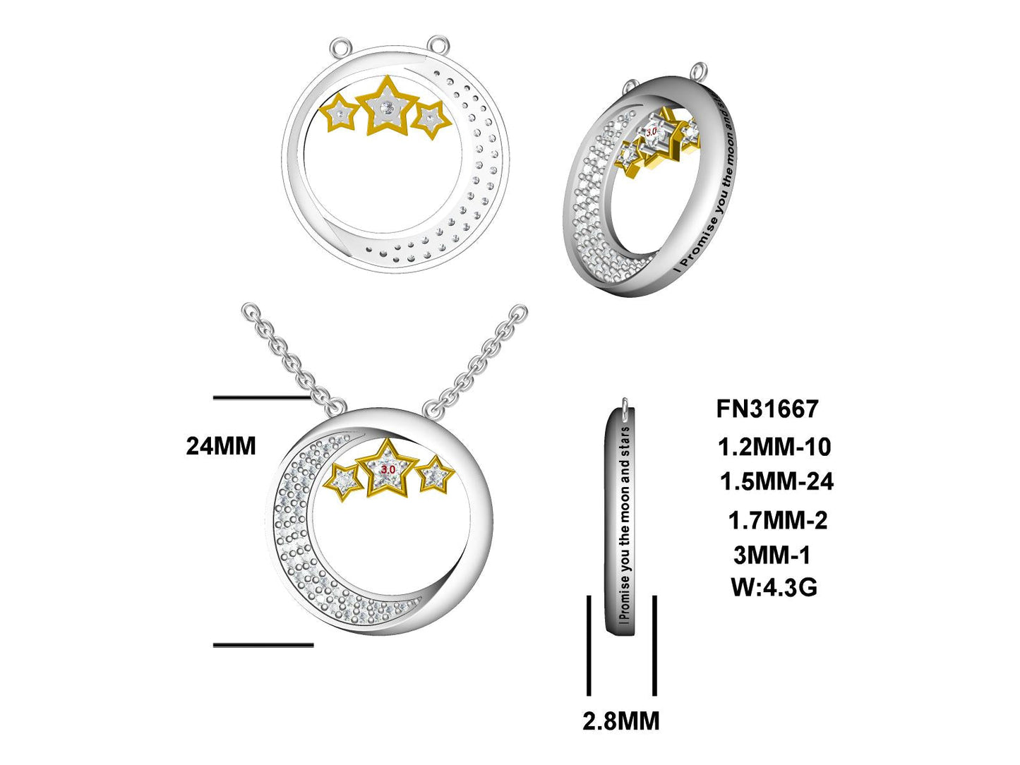 LM I Promise You The Moon And Stars Two Tone, Rhodium Plated, Sterling Silver Pendant w/Created Sapphire Accents & Pltd., SS Chain.-WH