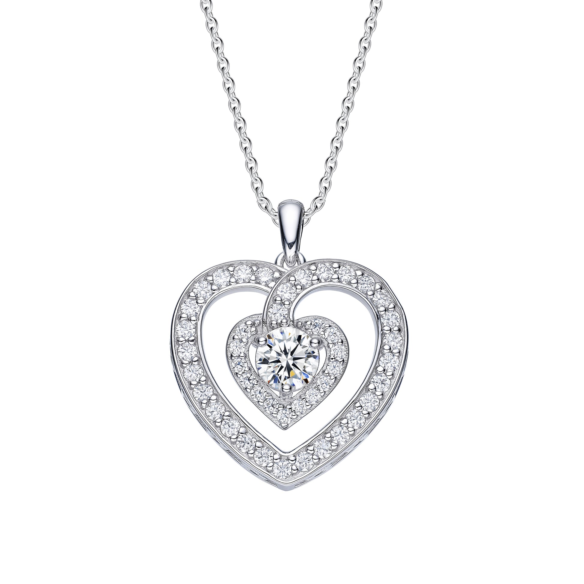 LE Large Stone Moissanite Gemstone Heart Pendant w/Full Accents; Platinum Plated SS.