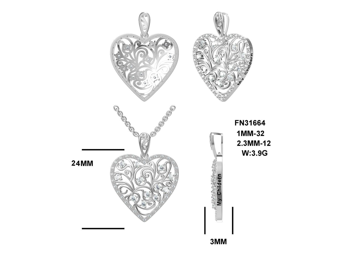 LM My Children, Rhodium Plated, Sterling Silver Scrolled Heart Pendant w/Created Sapphire Gemstones & Pltd., SS Chain.-WH