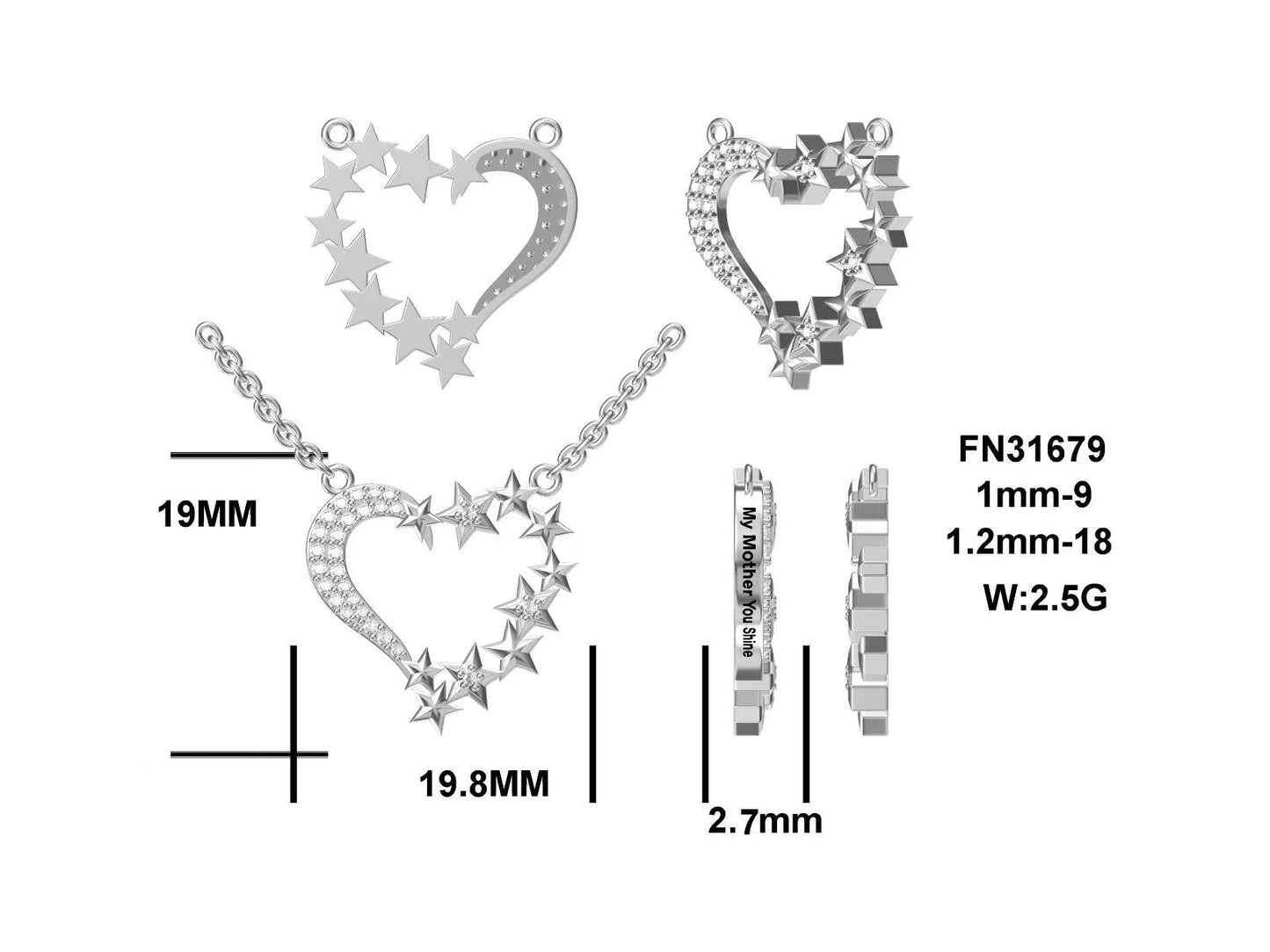 M My Mother You Shine, Antiqued Heart Pendant; Rhodium Plated SS w/Created Sapphires & 18" Chain.