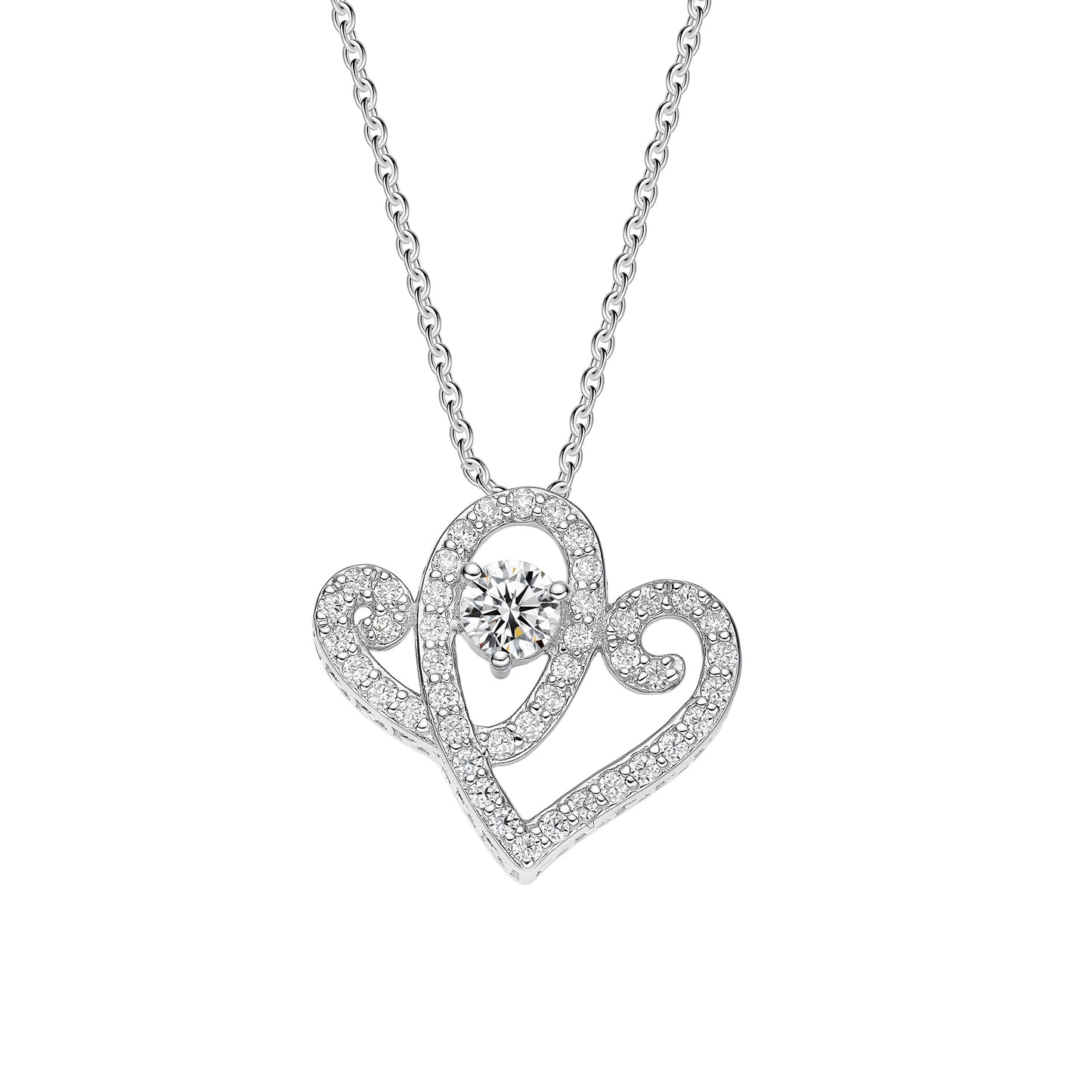 AH Full Moissanite Gemstone, Two Hearts Pendant w/Large Center Stone & 18"Chain; Plated SS.
