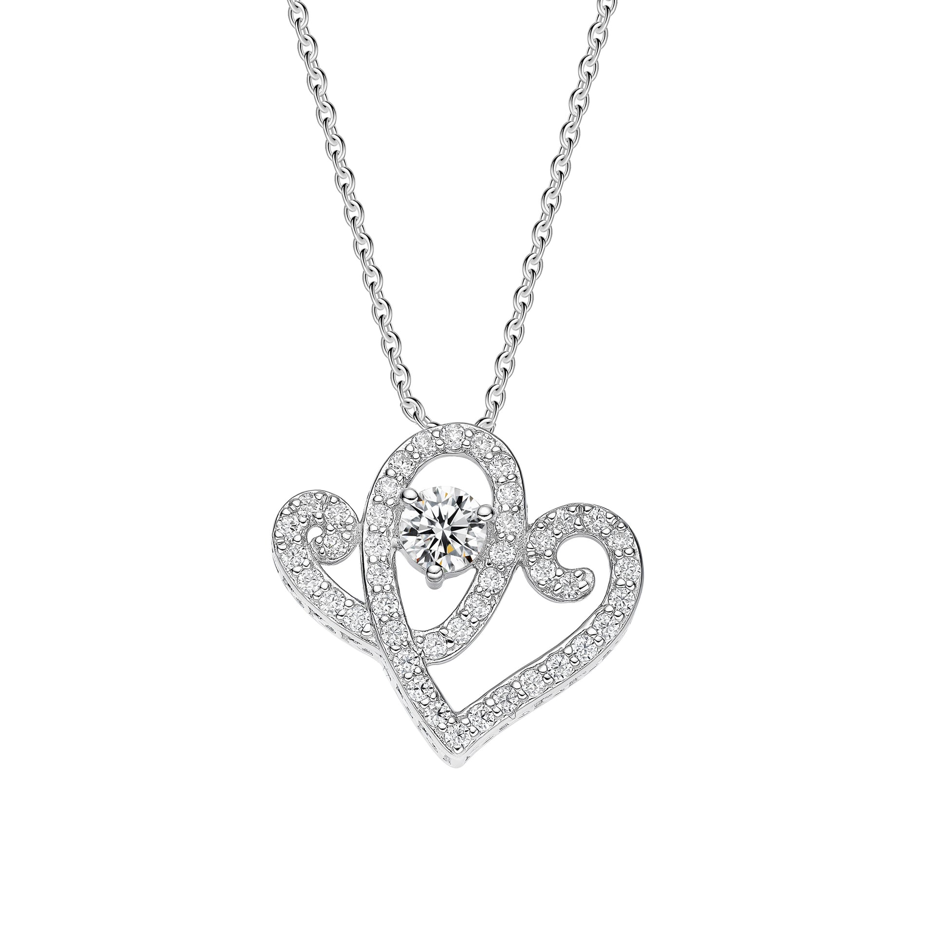 AH Full Moissanite Gemstone, Two Hearts Pendant w/Large Center Stone & 18"Chain; Plated SS.