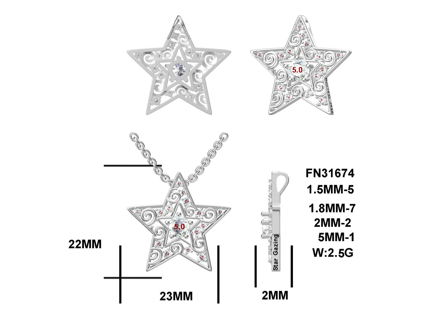 M Star Gazing, Two Tone Pendant; SS w/Created Sapphire Accents & Chain.