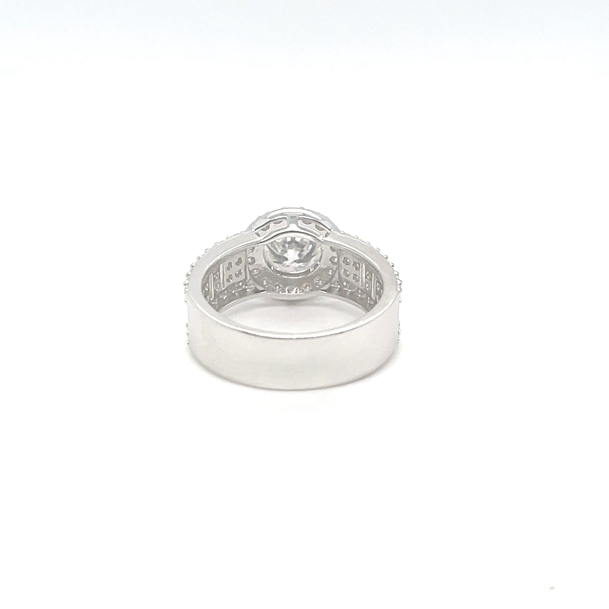 TTT Platinum Plated, SS Ring w/1.5 Ct Round Center & Side Accent Moissanite Gemstones.-WH
