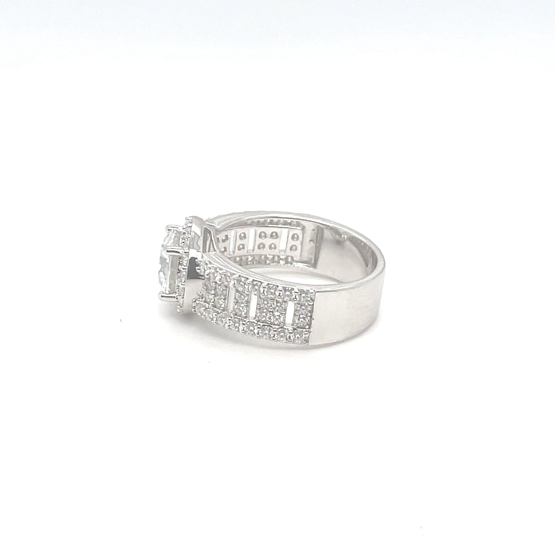 TTT Platinum Plated, SS Ring w/1.5 Ct Round Center & Side Accent Moissanite Gemstones.-WH