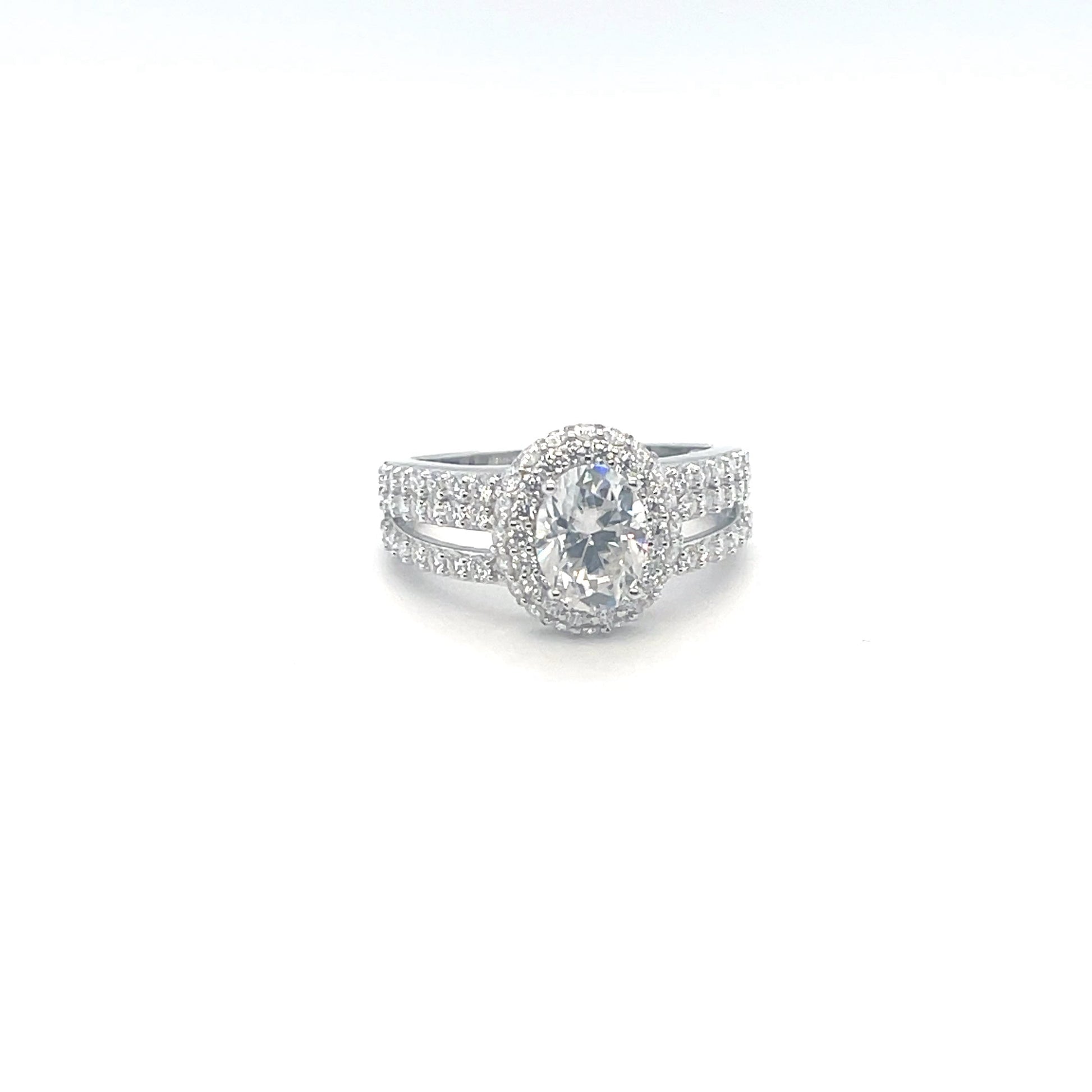 TTT Rhodium Plated, SS Ring w/2 Ct Oval & Moissanite Gemstone Accents.-WH