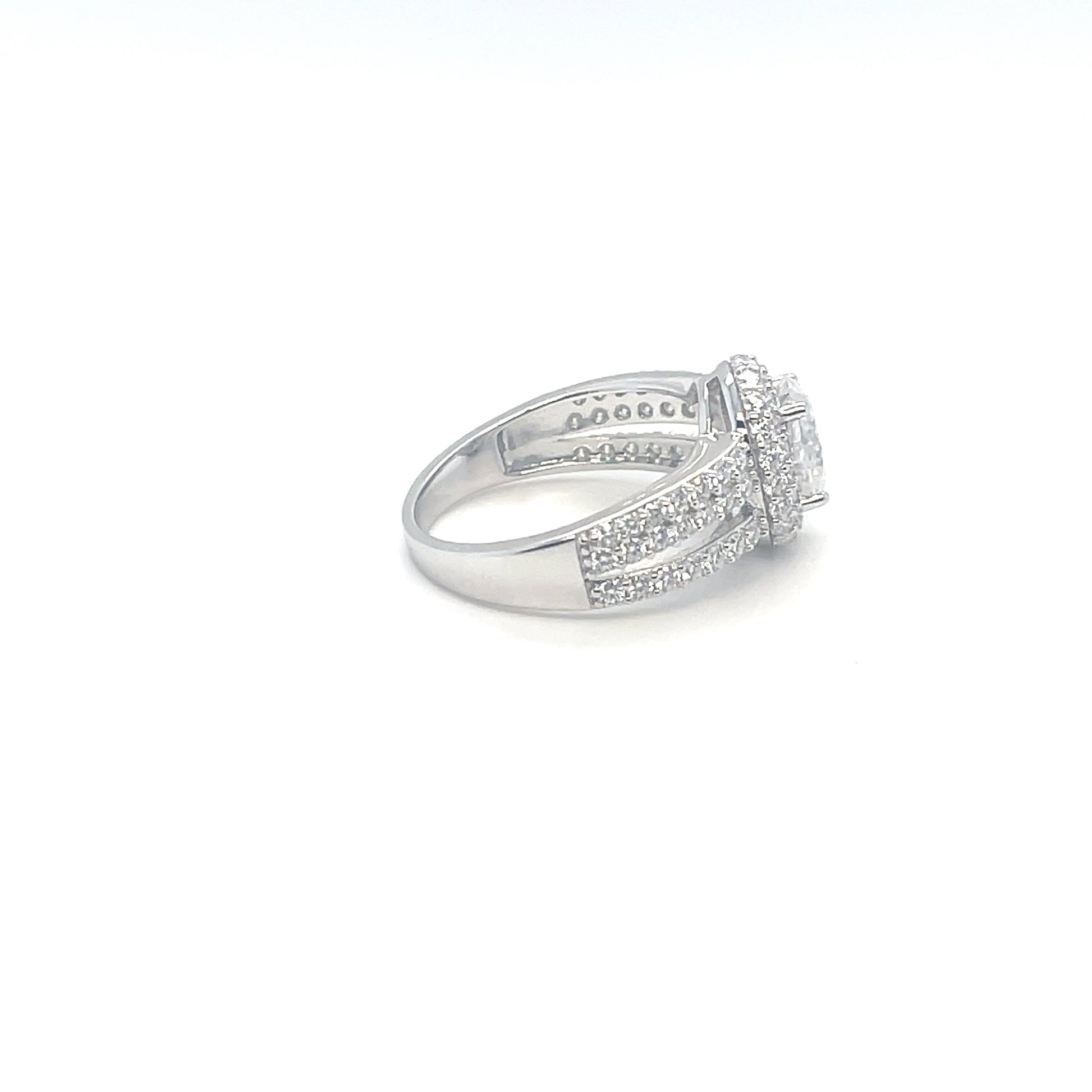 TTT 2 Ct Oval w/ Moissanite Gemstone Highlighted Ring; Rhodium Plated SS.