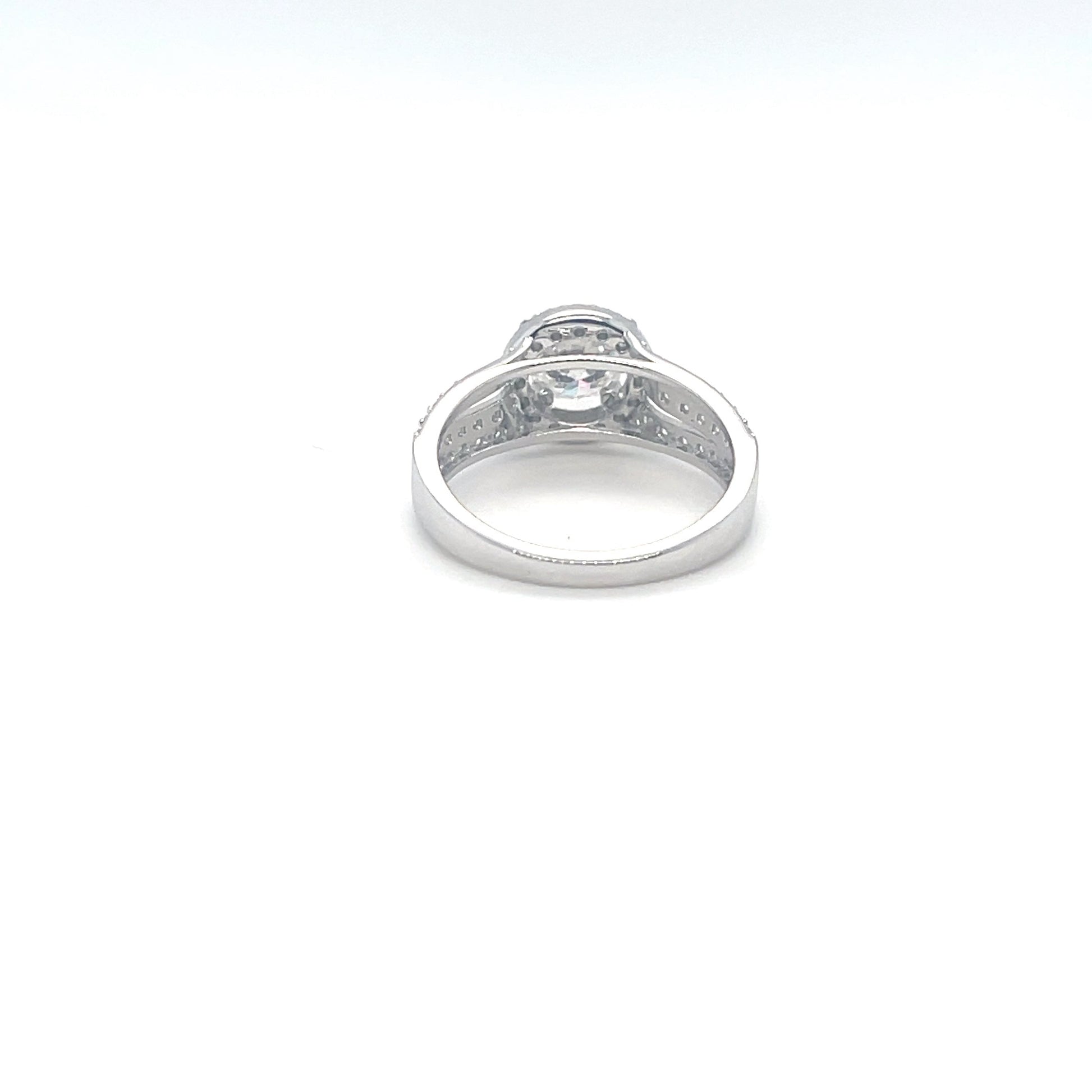 TTT Platinum Plated, Sterling Silver Ring w/1 Ct Round, Halo & Moissanite Gemstone Accents