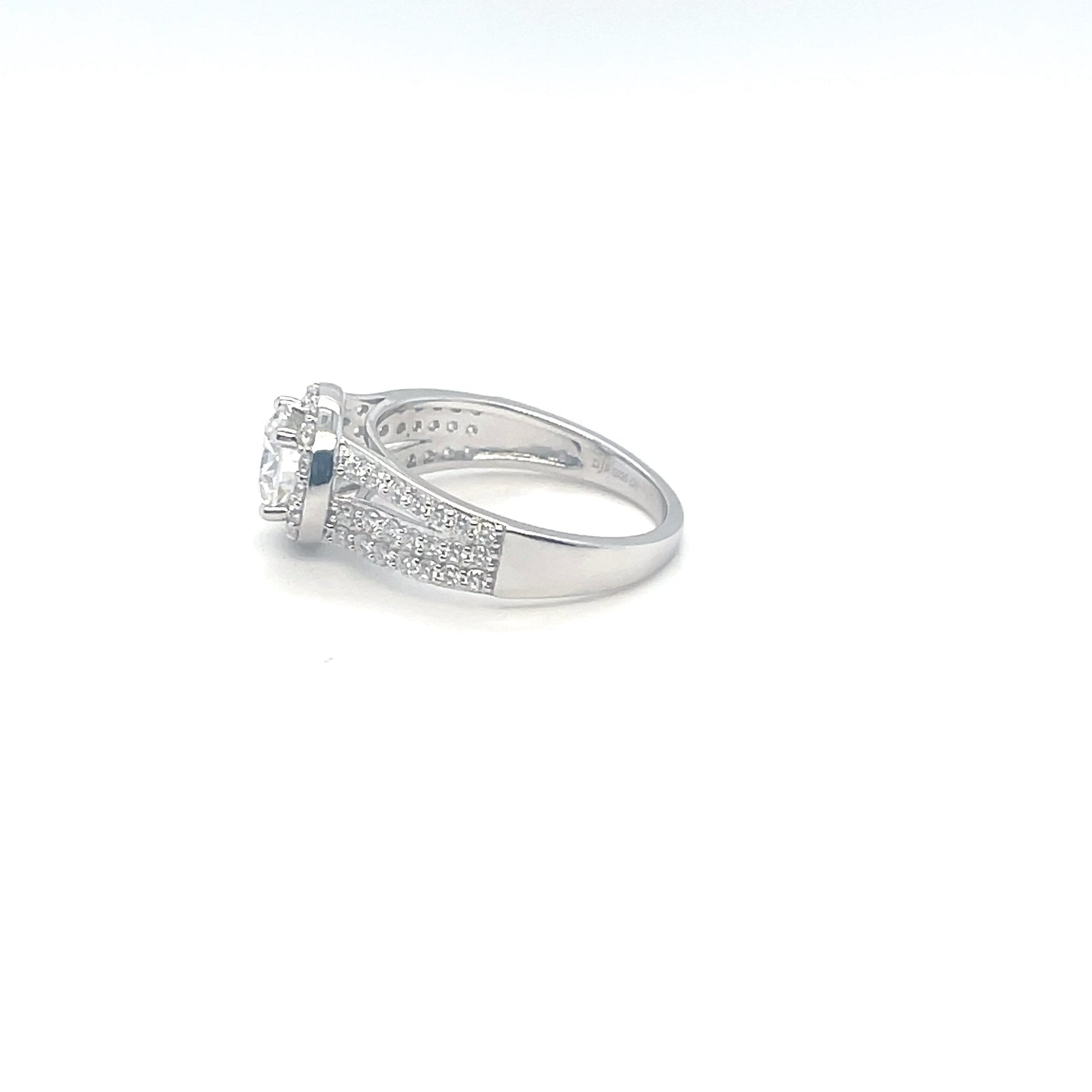 TTT Platinum Plated, Sterling Silver Ring w/1 Ct Round, Halo & Moissanite Gemstone Accents