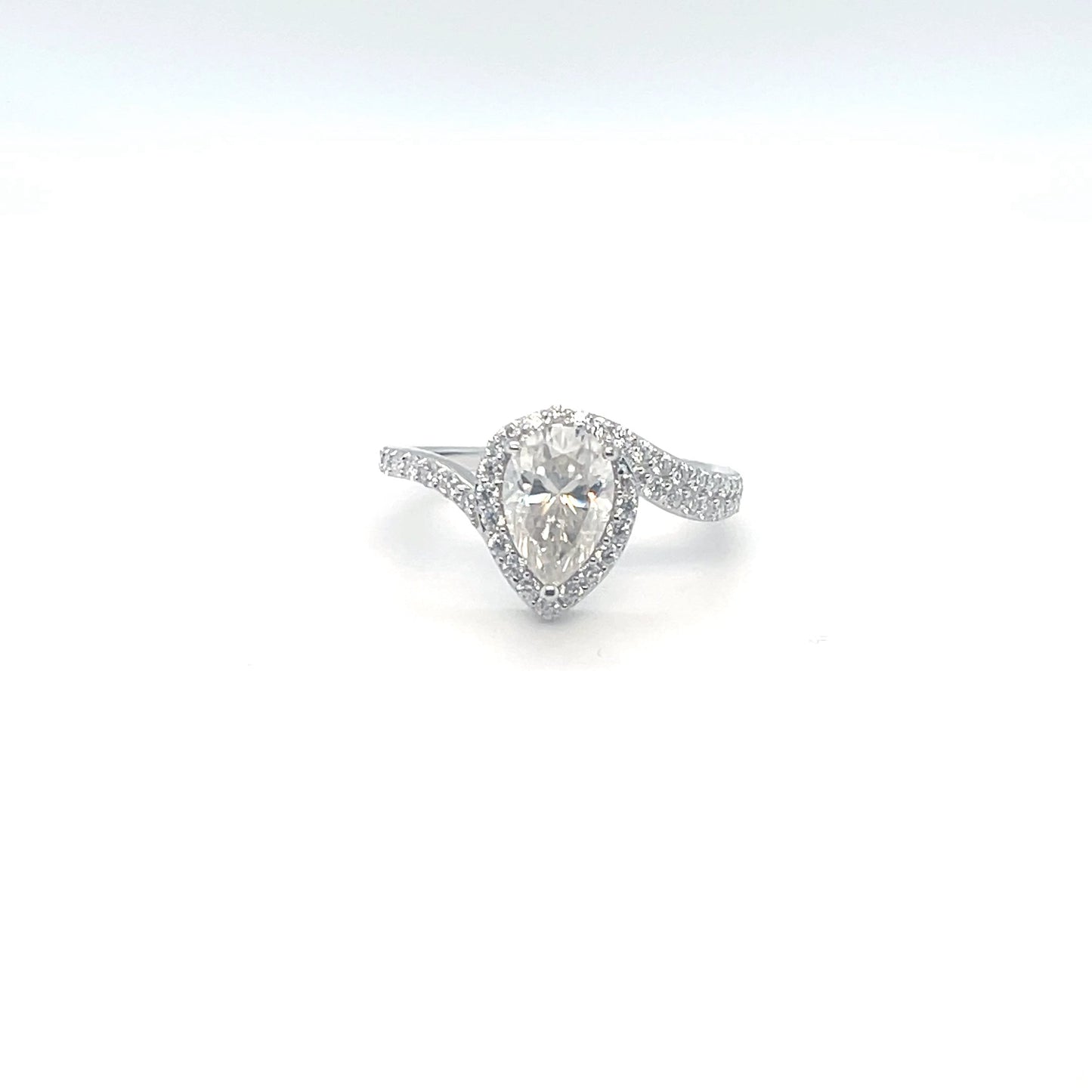 TTT 2 Ct Pear Shaped Center & Full Moissanite Gemstones Highlighted Ring; SS, Rhodium Plated.-WH